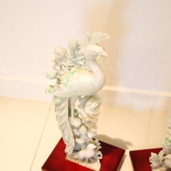 CHINESE 1930 Exceptional Pair of Sculpted Paradise Birds Carved In Green Jade