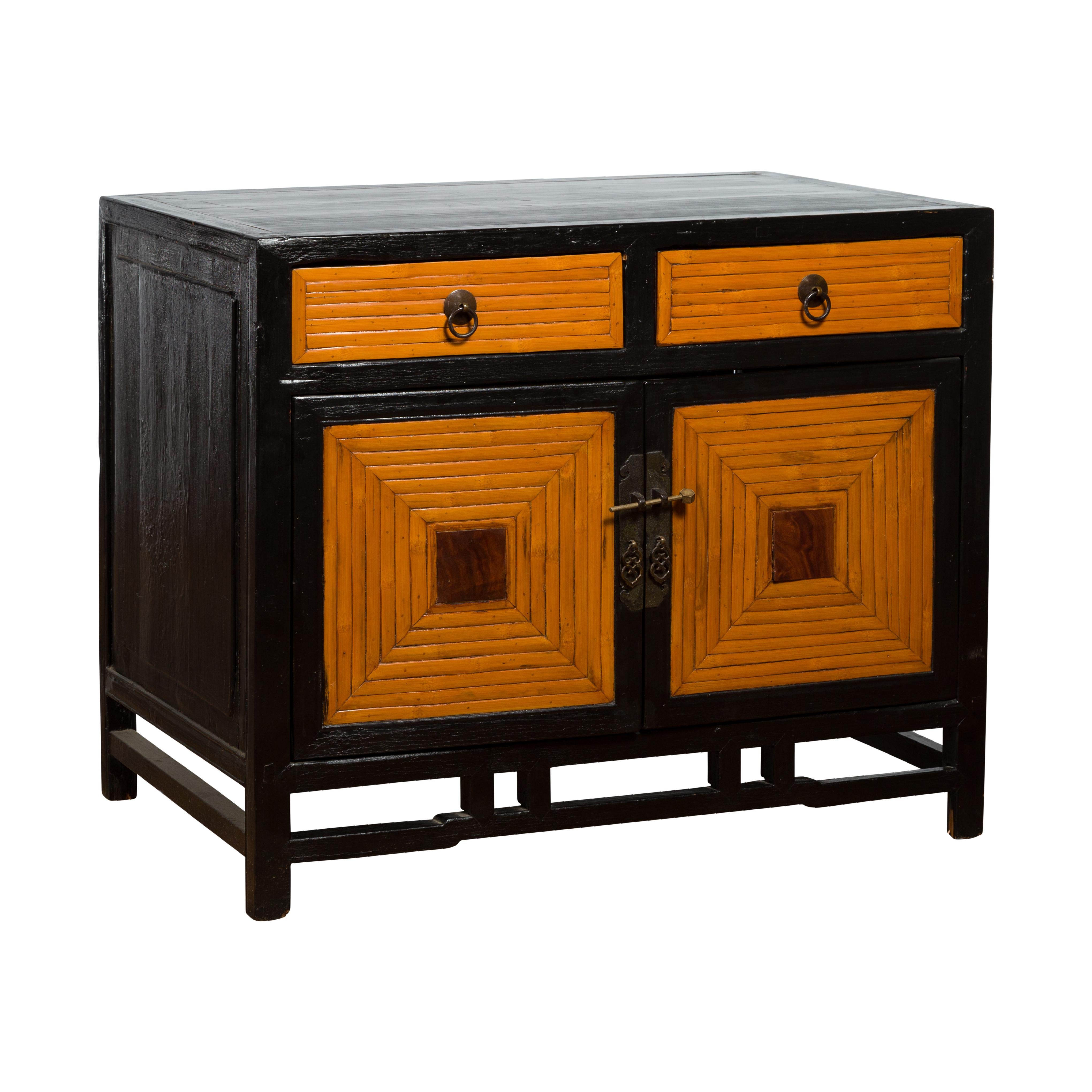 Chinese 1930s Art Deco Black Lacquer Two-Toned Side Cabinet with Bamboo Design For Sale 10
