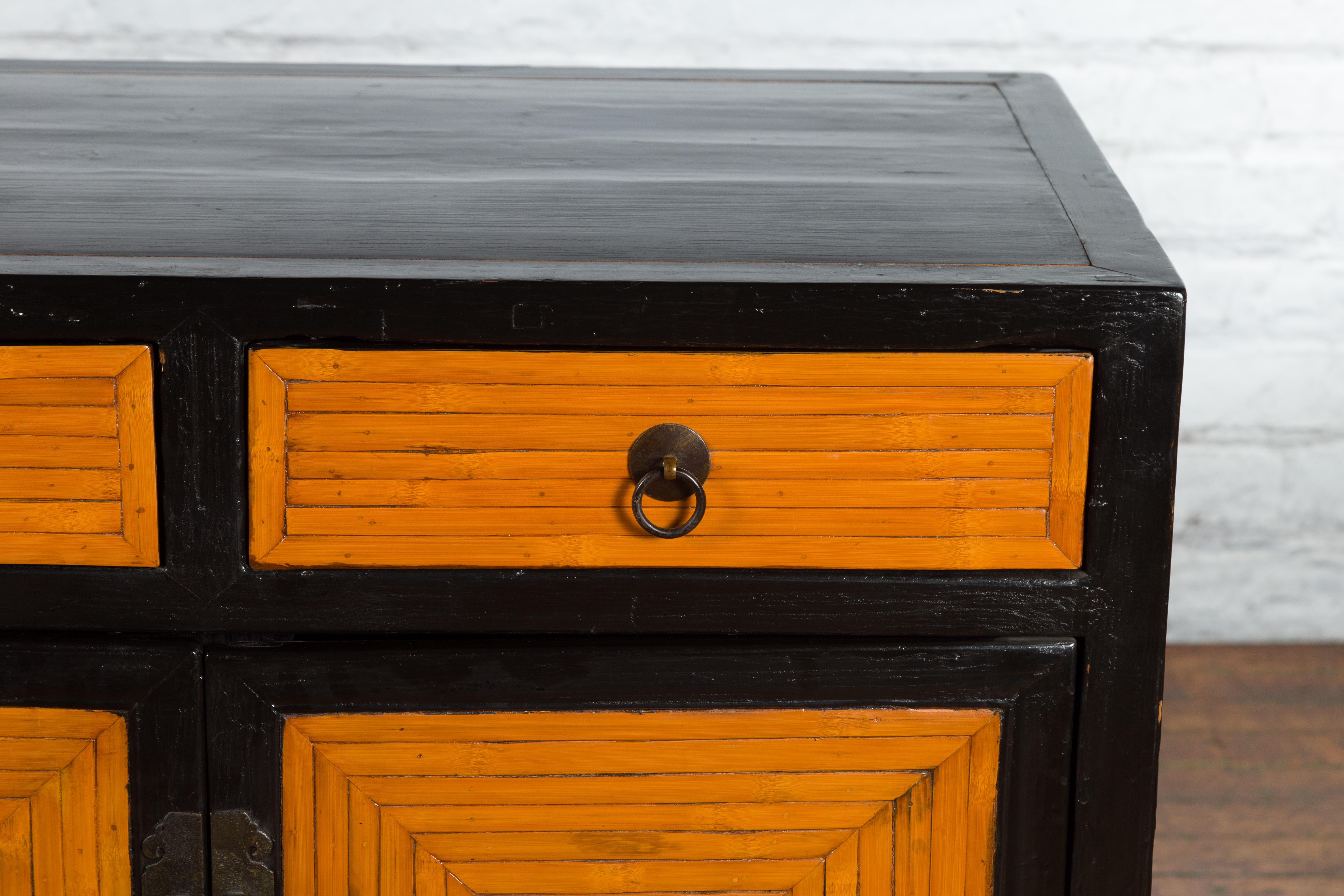 Lacquered Chinese 1930s Art Deco Black Lacquer Two-Toned Side Cabinet with Bamboo Design For Sale