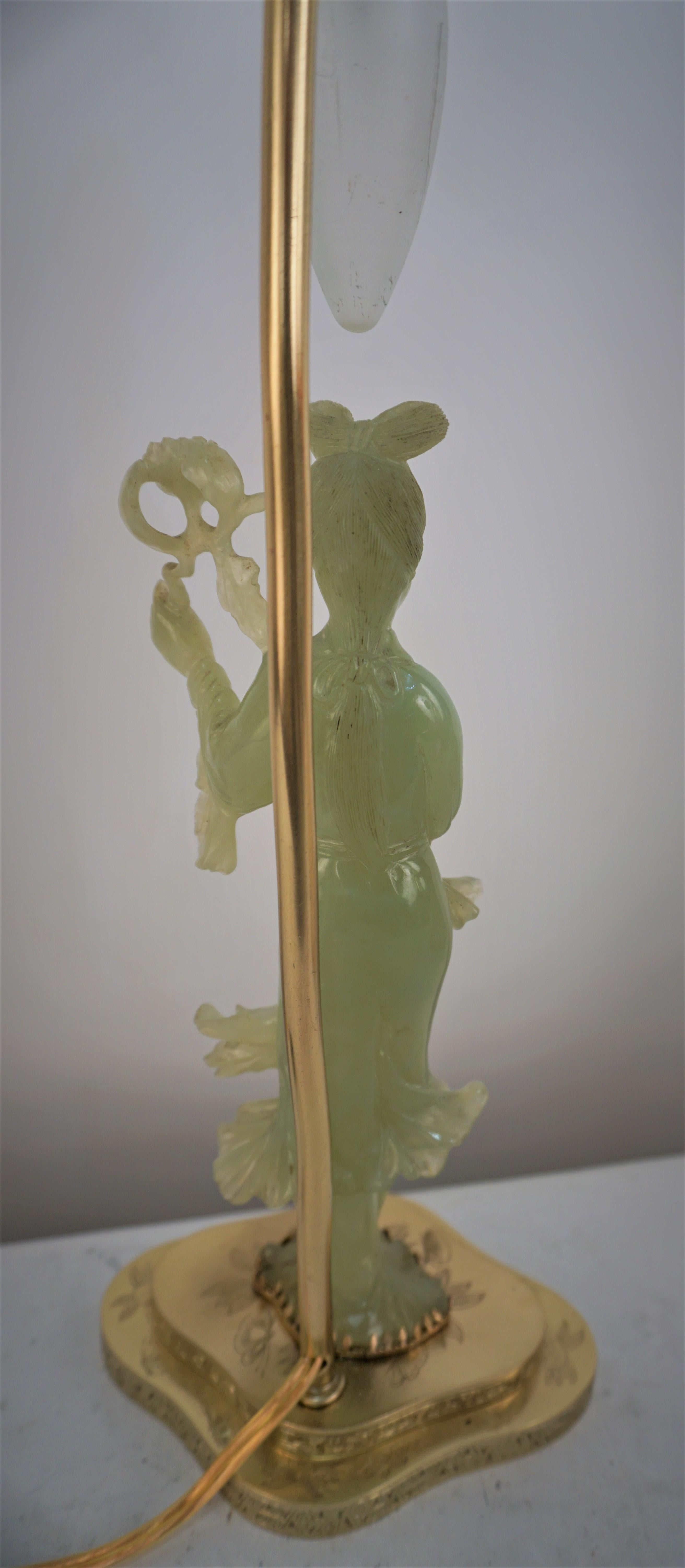 Chinese 1930's Carved Jade and Bronze Table Lamp For Sale 7