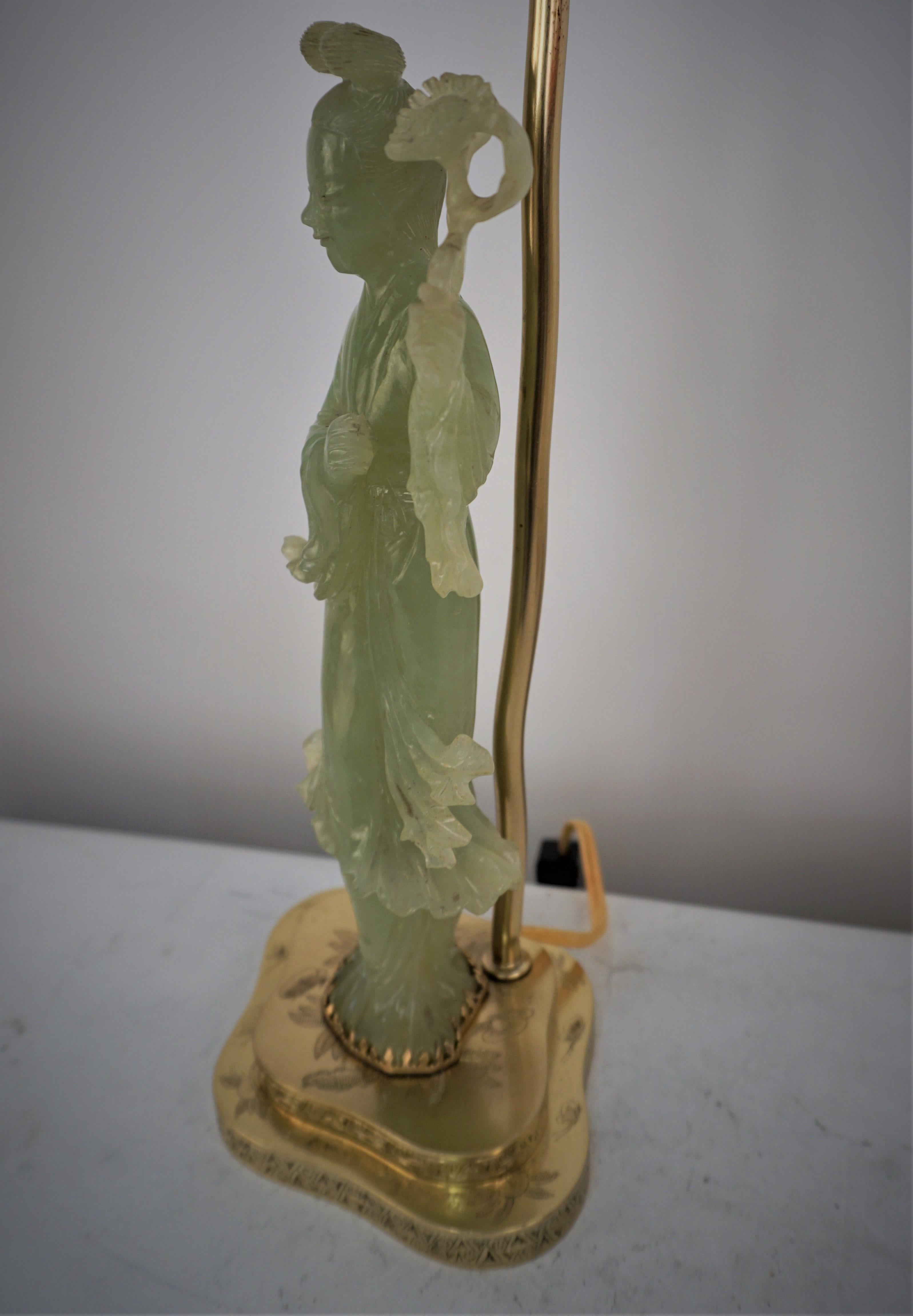 Chinese 1930's Carved Jade and Bronze Table Lamp For Sale 8