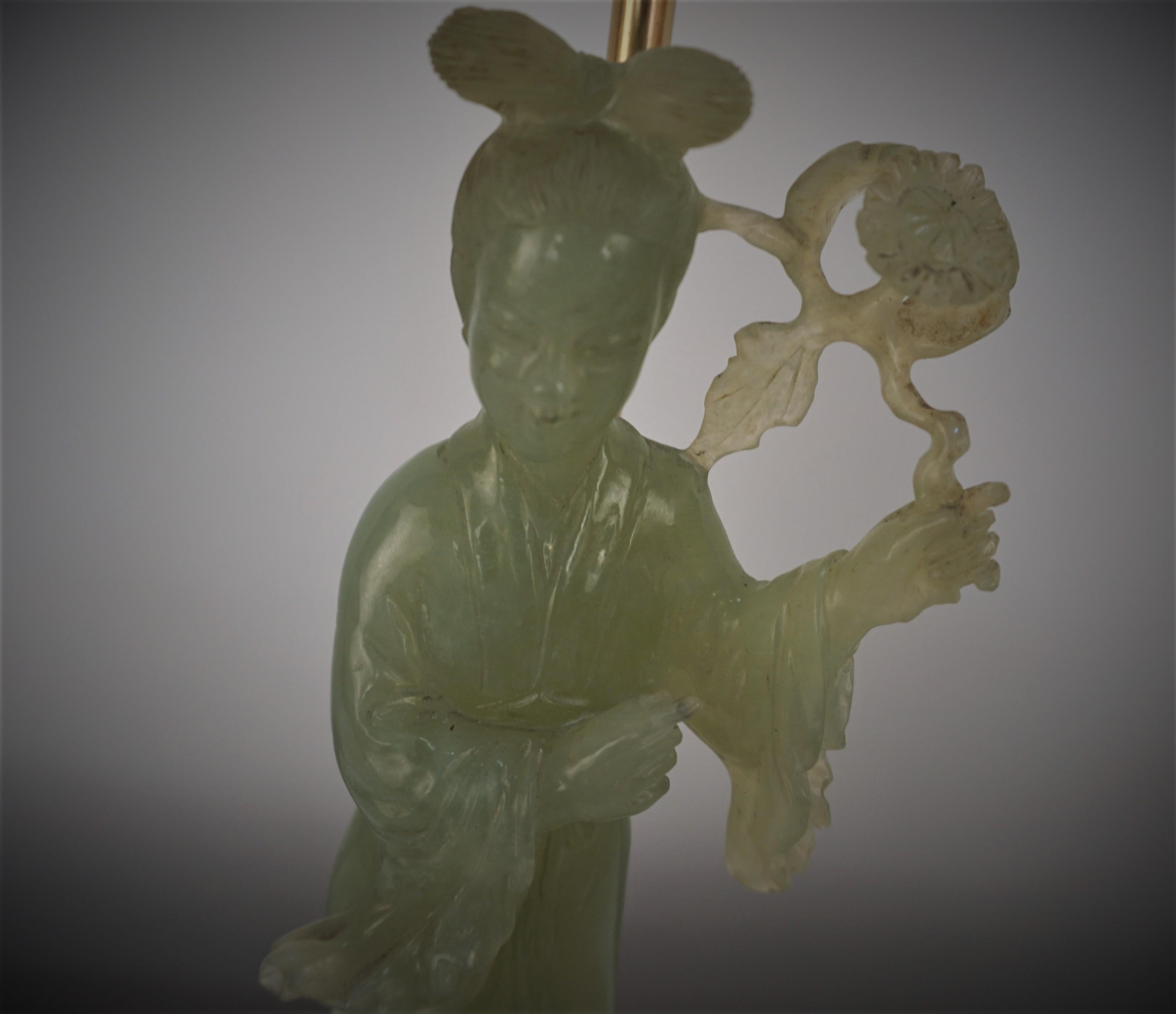 Chinese 1930's Carved Jade and Bronze Table Lamp For Sale 9