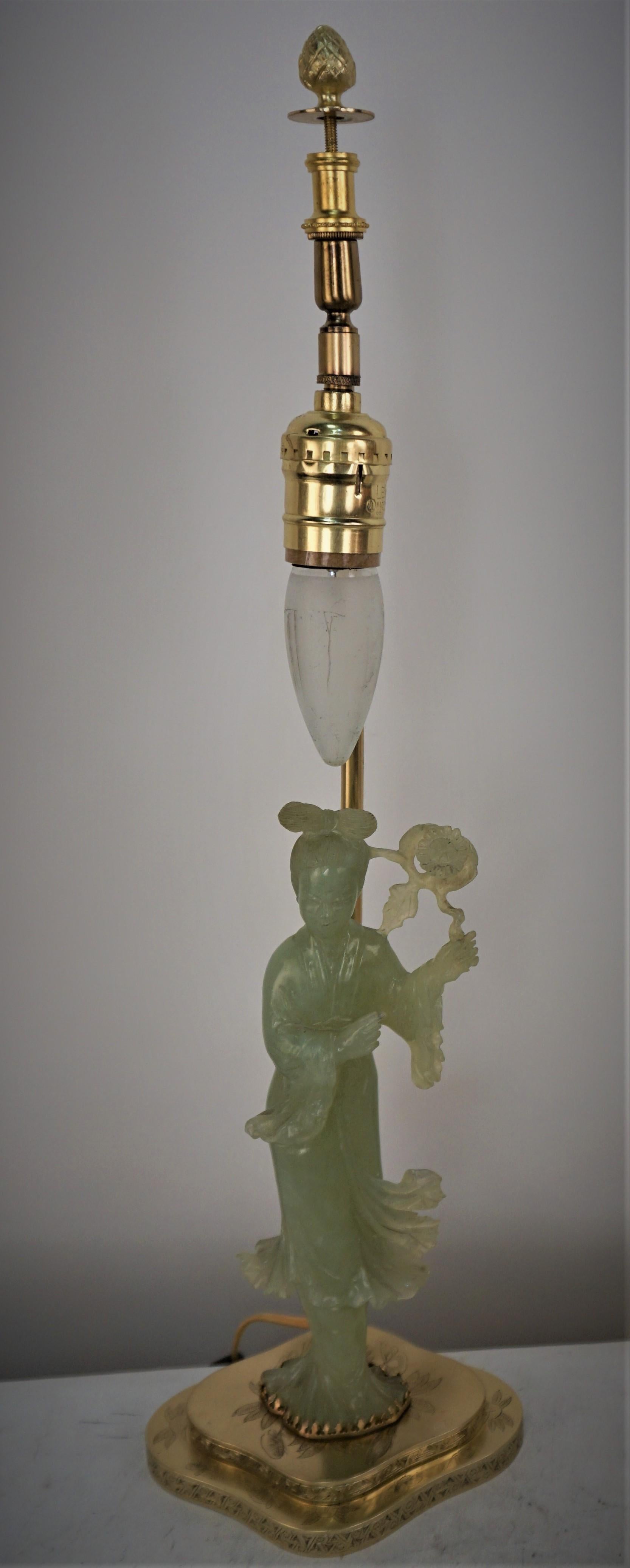 Chinese 1930's Carved Jade and Bronze Table Lamp For Sale 1
