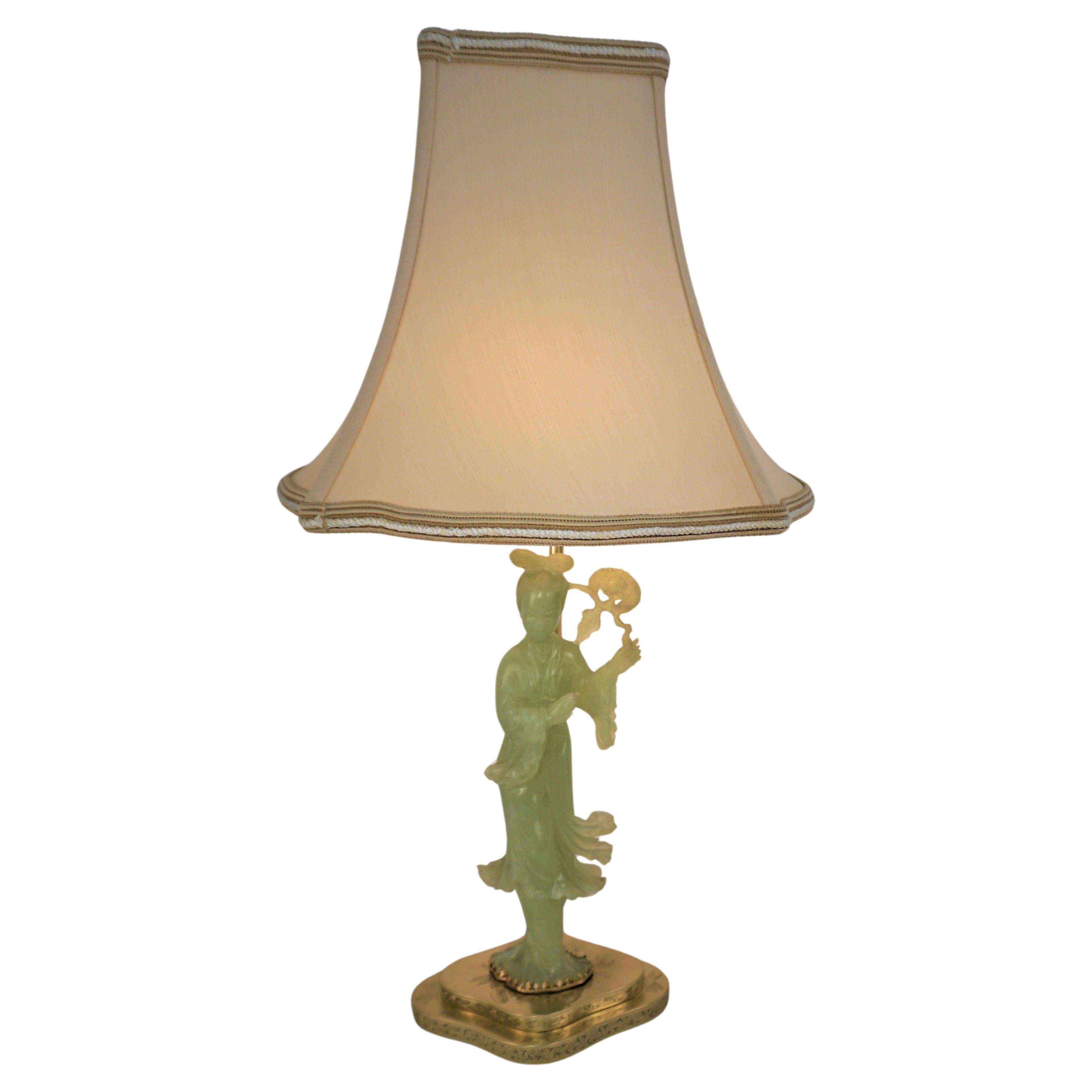 Chinese 1930's Carved Jade and Bronze Table Lamp For Sale