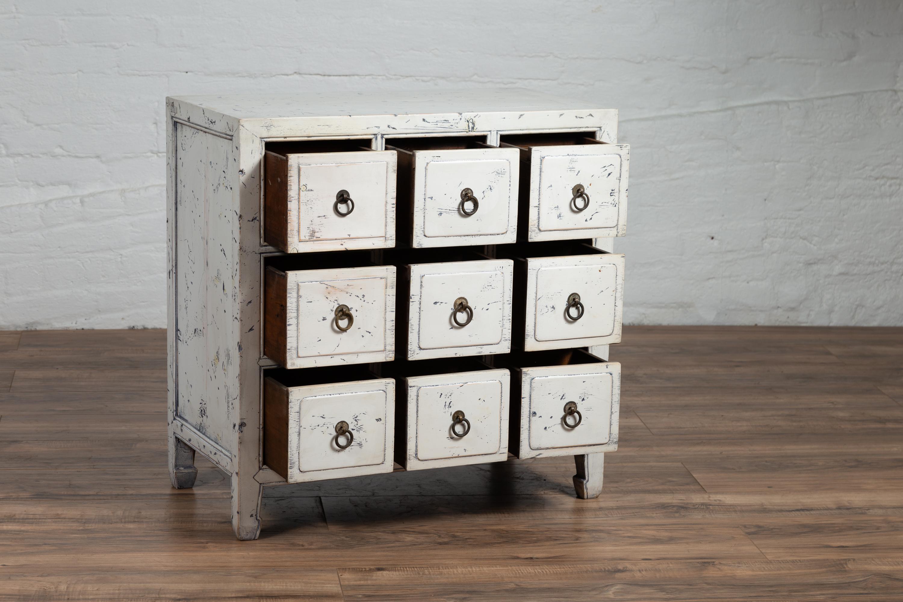 Chinese 1950s White Painted Nine-Drawer Apothecary Chest with Distressed Finish 2