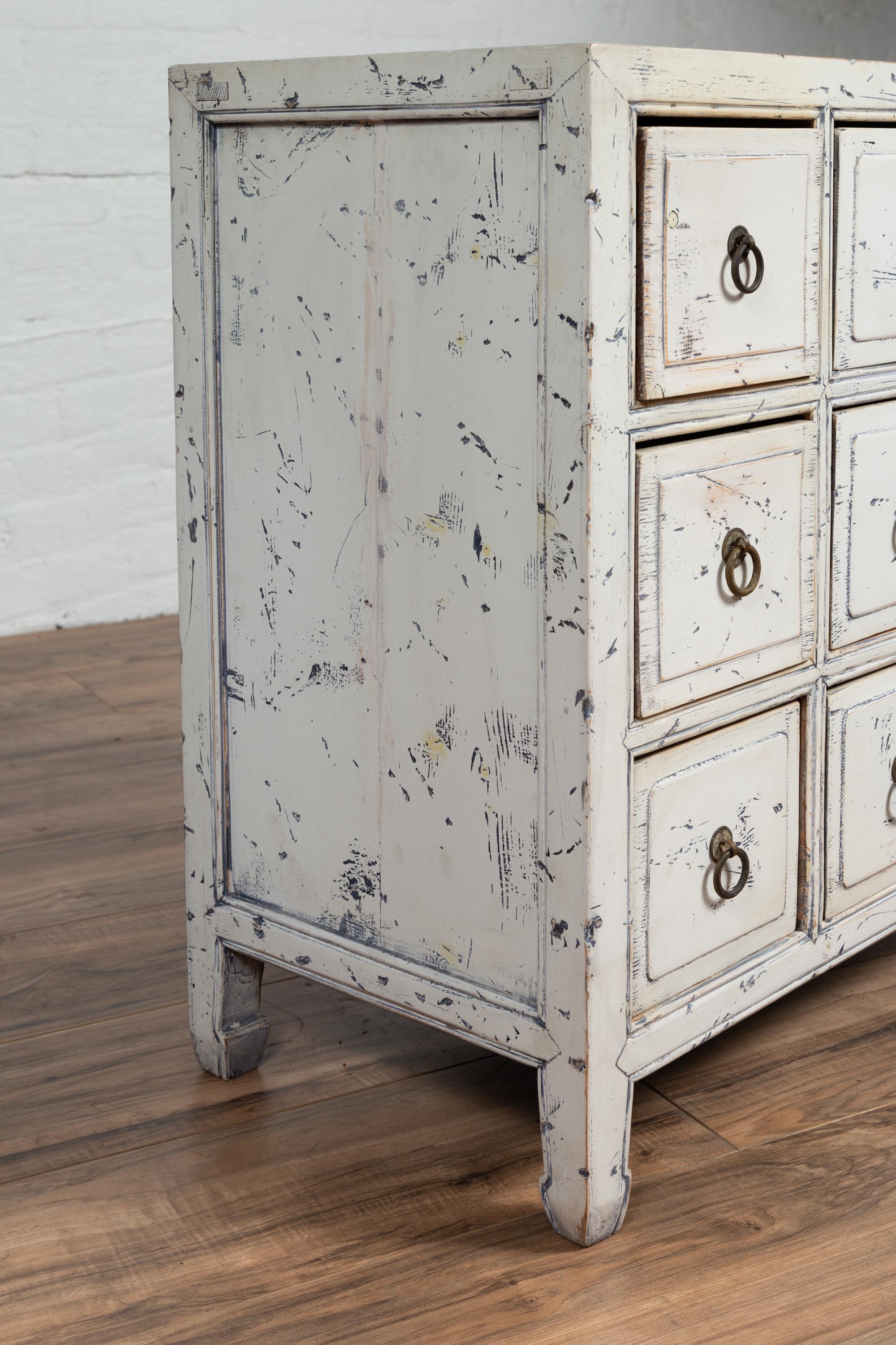 Chinese 1950s White Painted Nine-Drawer Apothecary Chest with Distressed Finish 4