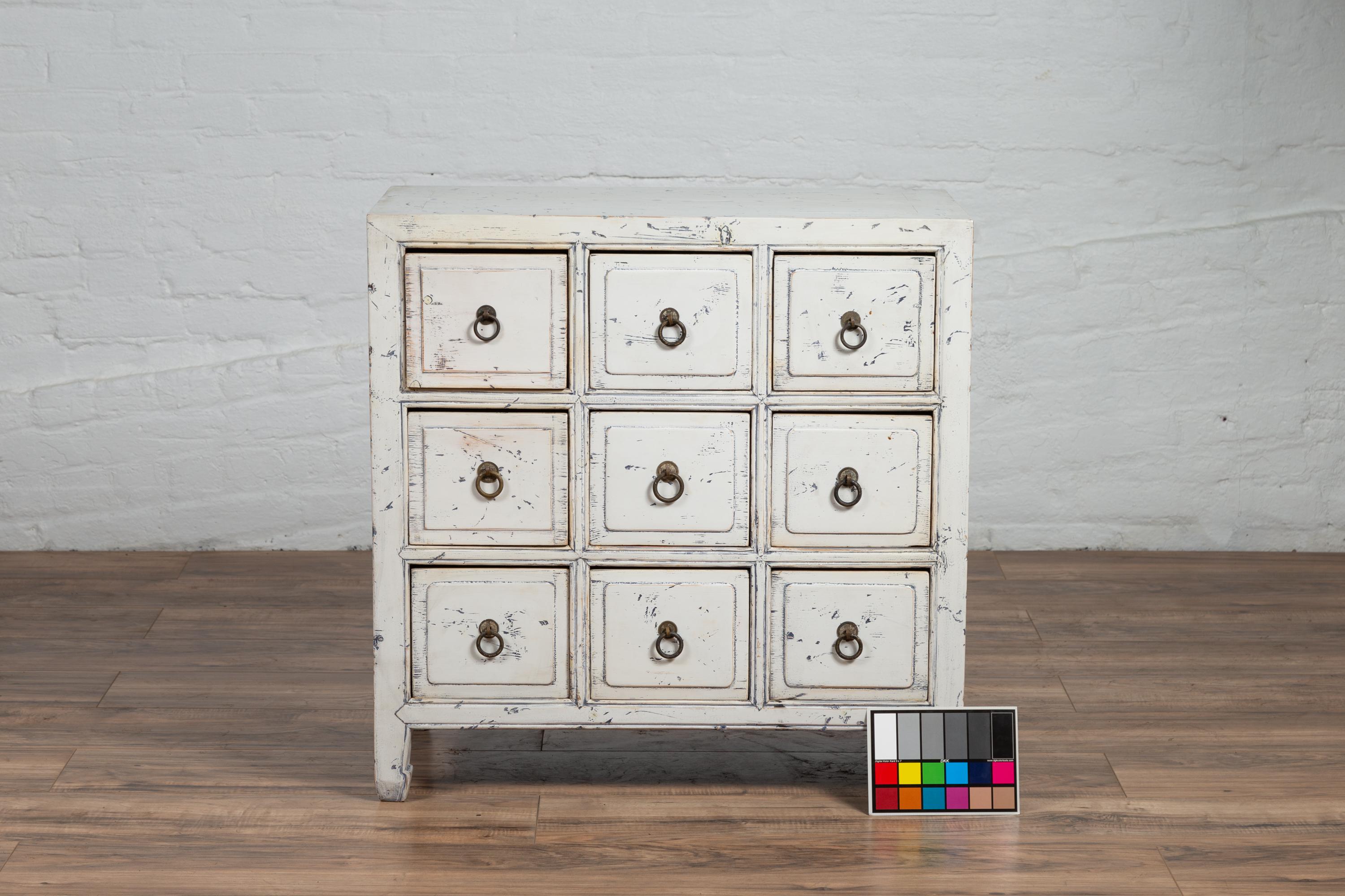 Chinese 1950s White Painted Nine-Drawer Apothecary Chest with Distressed Finish 7
