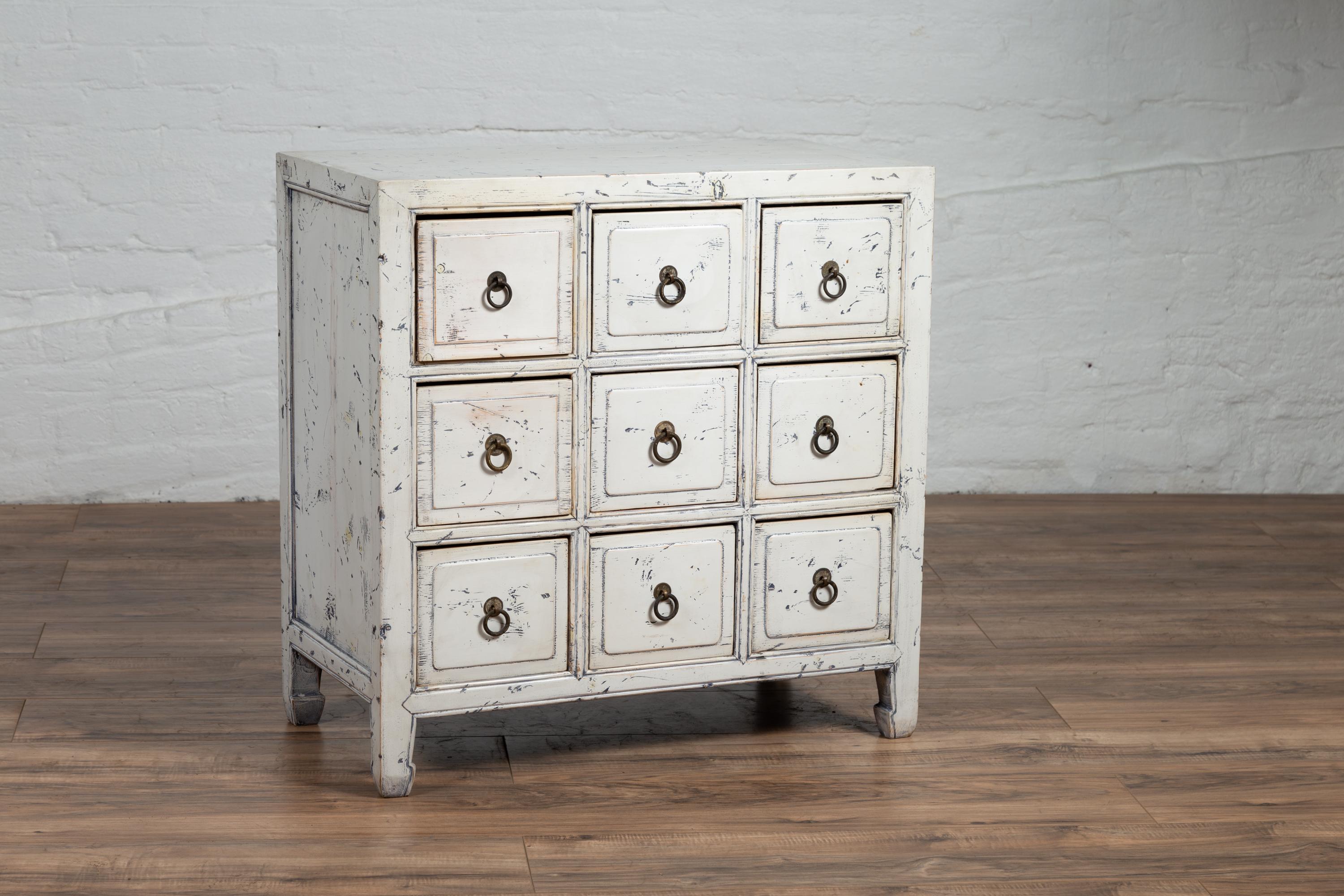Wood Chinese 1950s White Painted Nine-Drawer Apothecary Chest with Distressed Finish