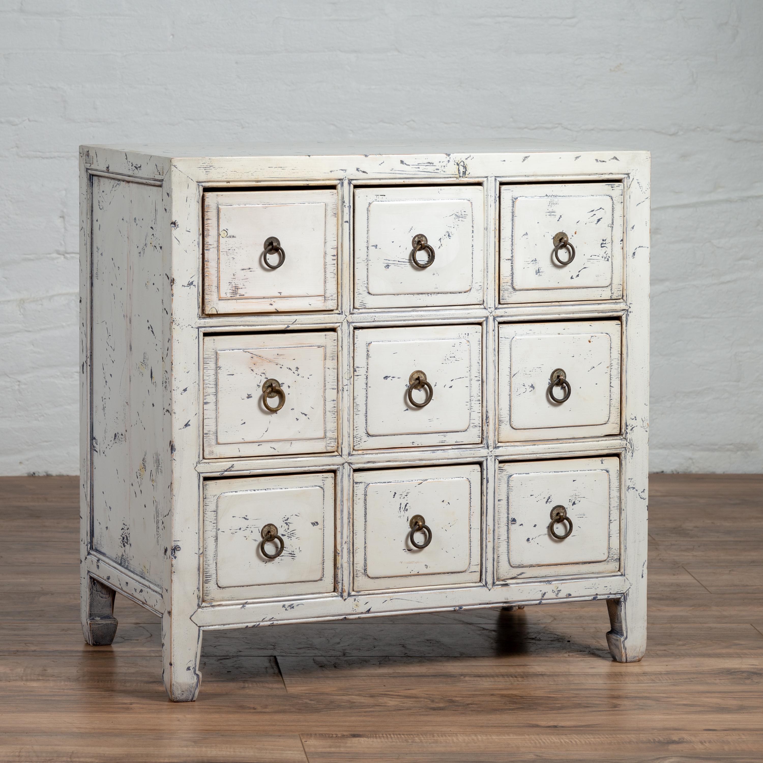 Chinese 1950s White Painted Nine-Drawer Apothecary Chest with Distressed Finish 1