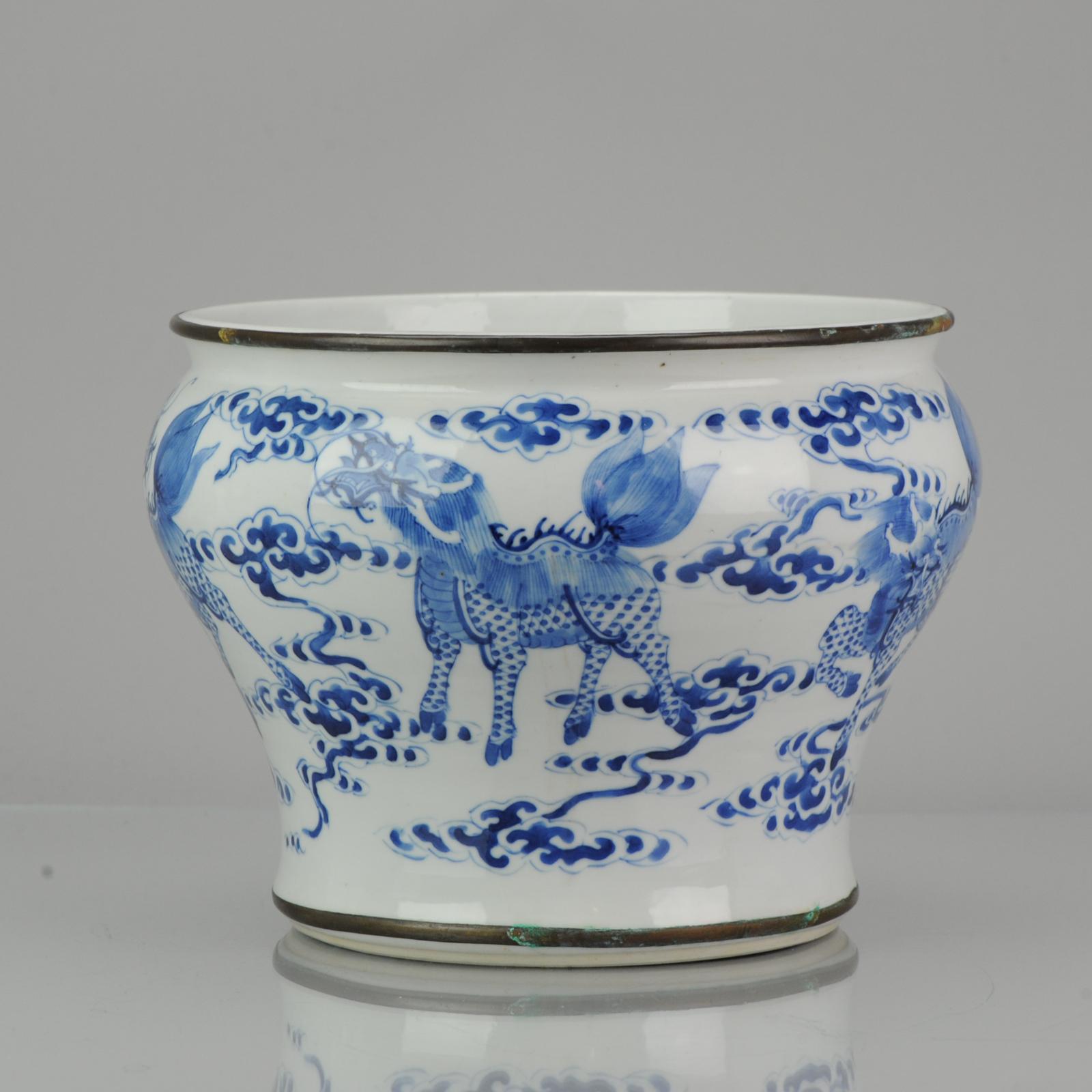 Chinese 19C Bleu de Hue Table Spittoon Qilins Ruyi Cobalt Marked Vietnamese In Good Condition In Amsterdam, Noord Holland