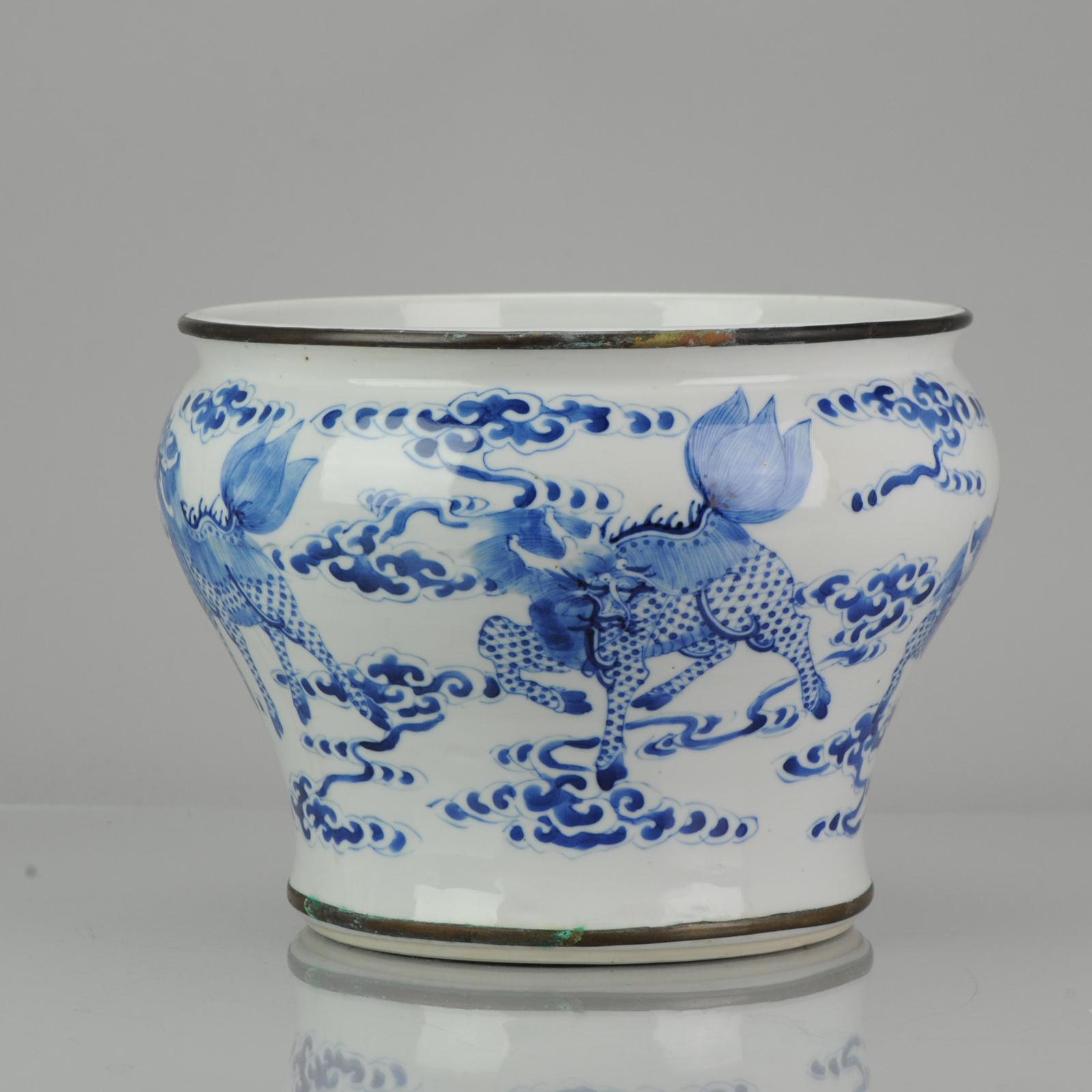 19th Century Chinese 19C Bleu de Hue Table Spittoon Qilins Ruyi Cobalt Marked Vietnamese