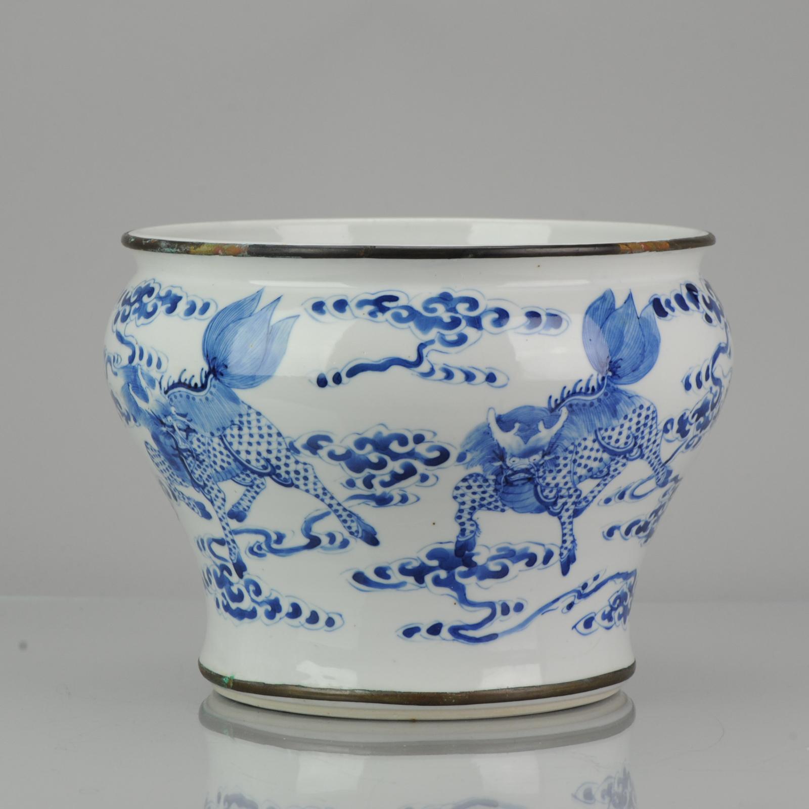 Porcelain Chinese 19C Bleu de Hue Table Spittoon Qilins Ruyi Cobalt Marked Vietnamese