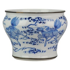 Antique Chinese 19C Bleu de Hue Table Spittoon Qilins Ruyi Cobalt Marked Vietnamese