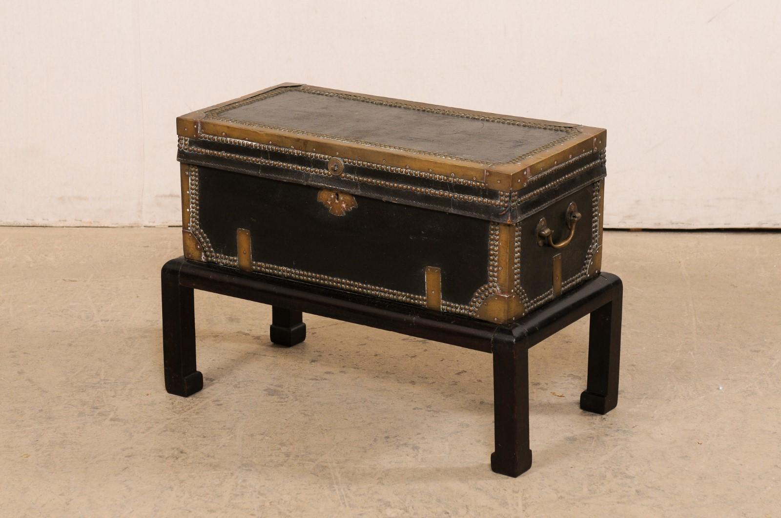 Chinese 19th C. Leather Wrapped Trunk on Wood Base 'or Great Drinks Table' For Sale 6