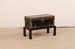 Chinese 19th C. Leather Wrapped Trunk on Wood Base 'or Great Drinks Table'