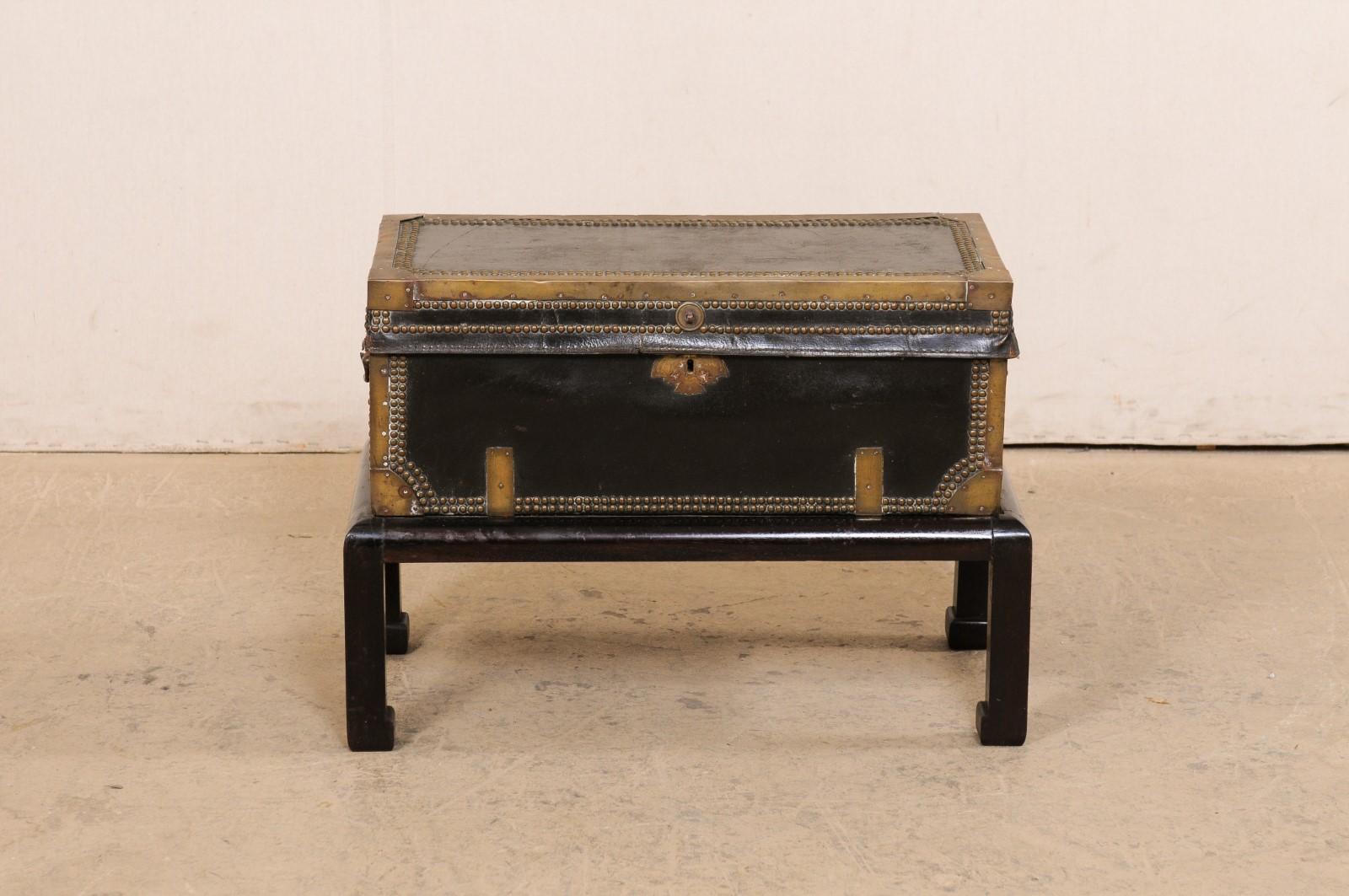Chinese 19th C. Leather Wrapped Trunk on Wood Base 'or Great Drinks Table' In Good Condition For Sale In Atlanta, GA