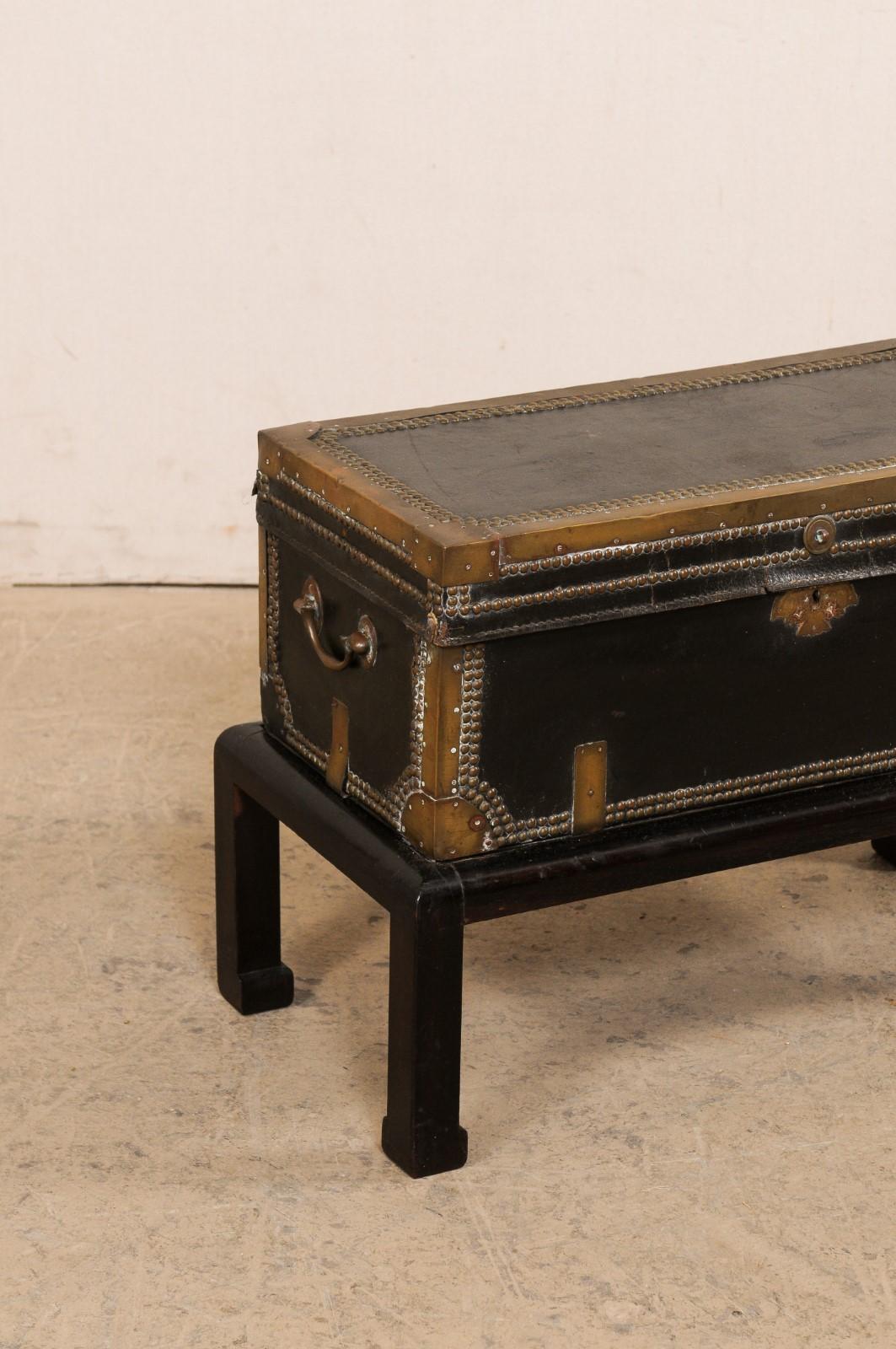 19th Century Chinese 19th C. Leather Wrapped Trunk on Wood Base 'or Great Drinks Table' For Sale