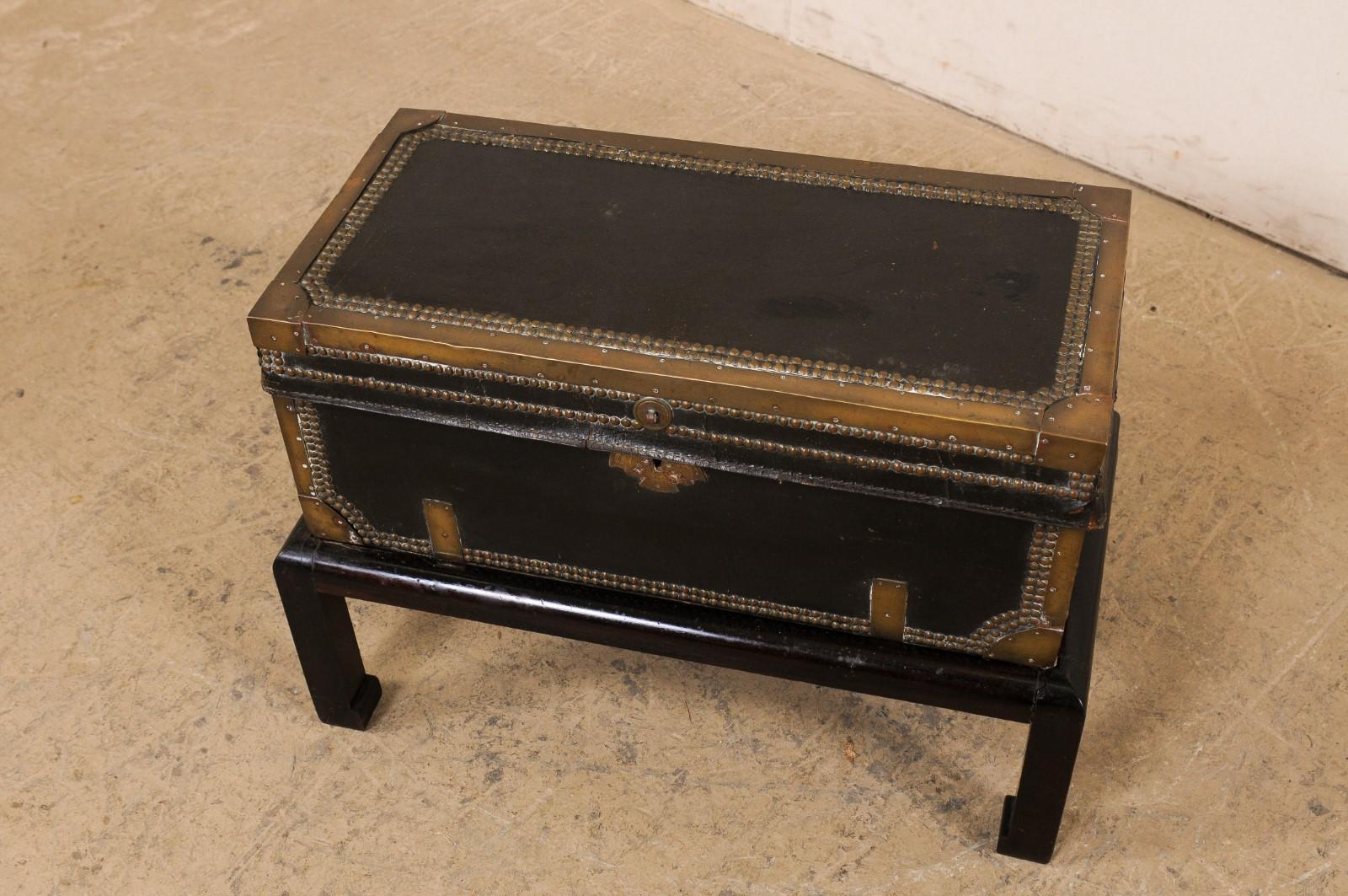 Brass Chinese 19th C. Leather Wrapped Trunk on Wood Base 'or Great Drinks Table' For Sale