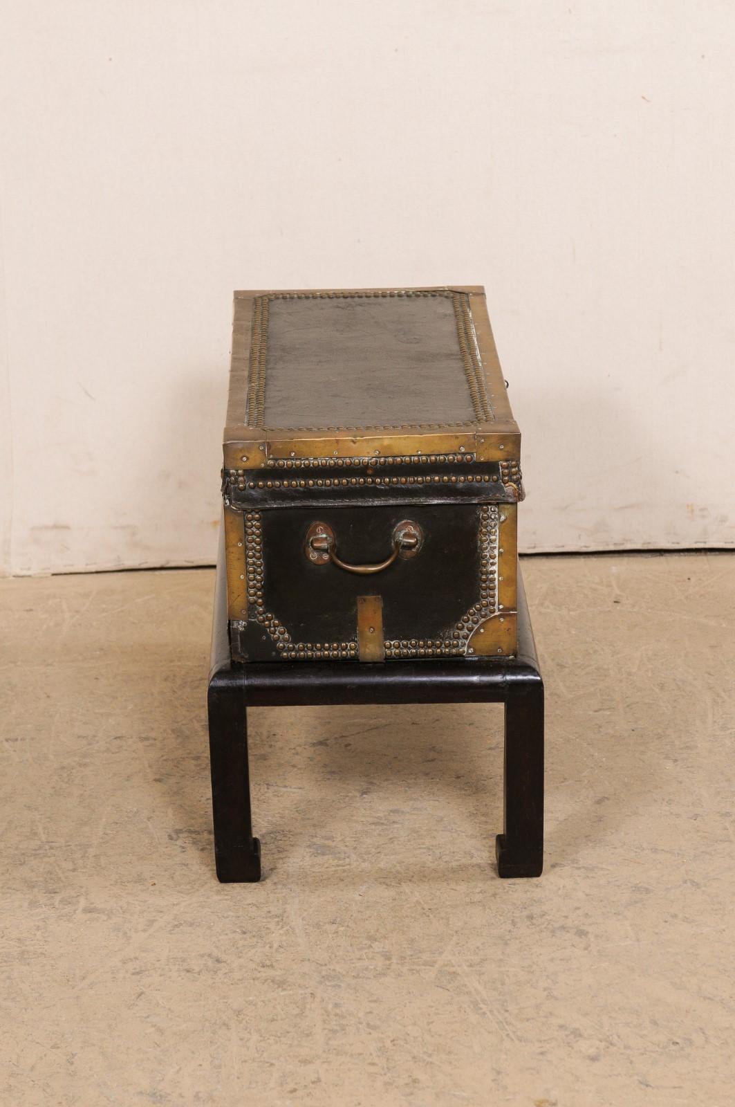 Chinese 19th C. Leather Wrapped Trunk on Wood Base 'or Great Drinks Table' For Sale 3