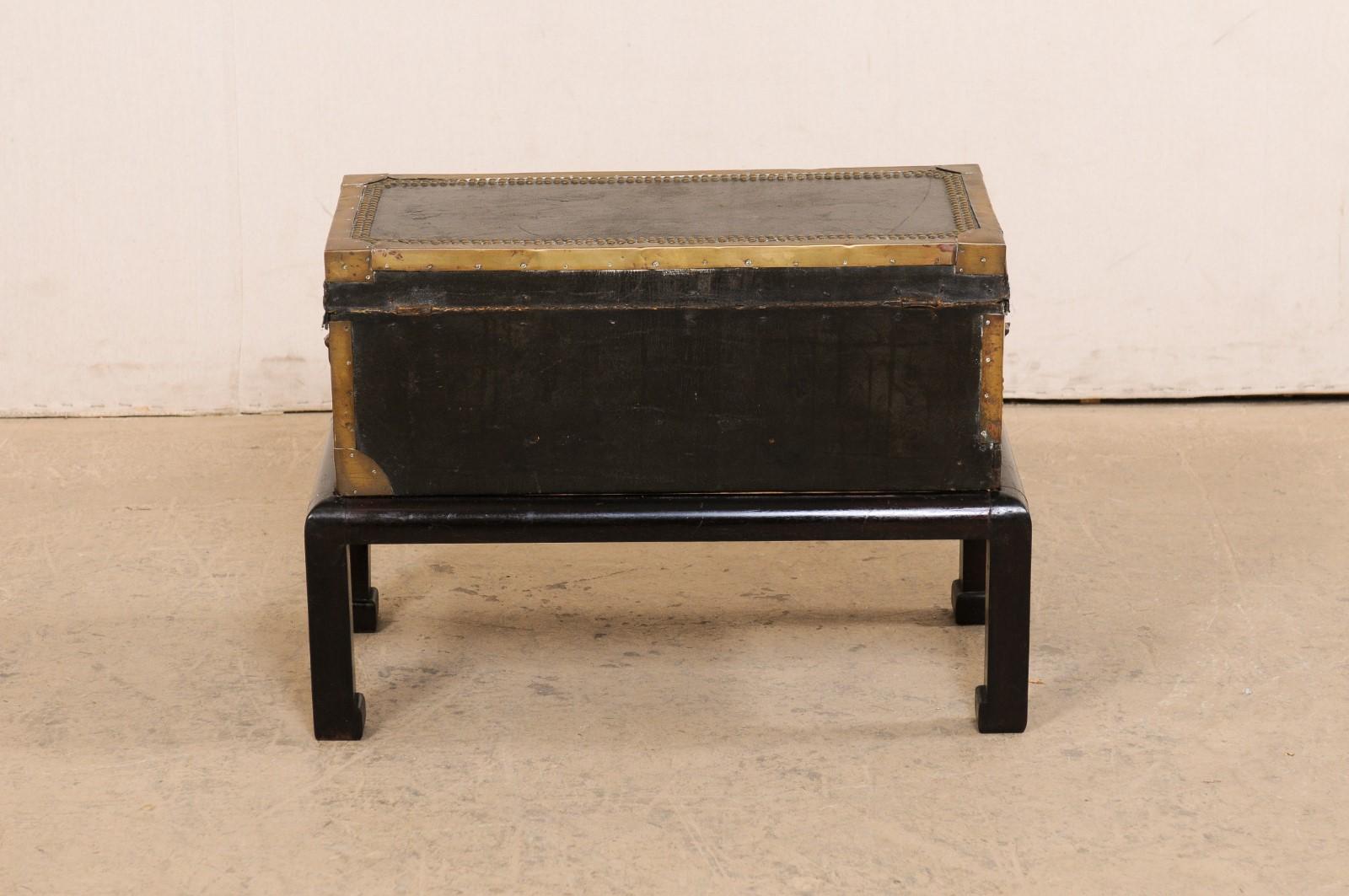 Chinese 19th C. Leather Wrapped Trunk on Wood Base 'or Great Drinks Table' For Sale 4