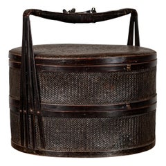 Chinese 19th Century Bamboo and Rattan Two-Section Nested Picnic Basket