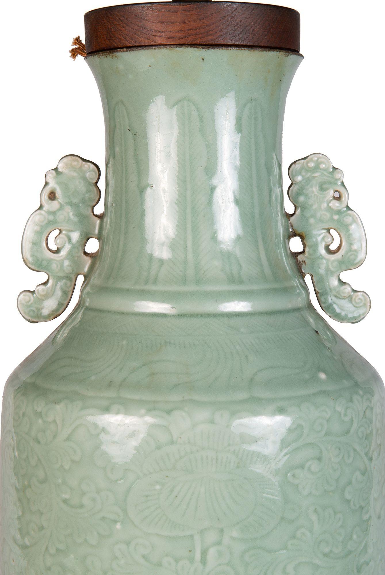Chinese Export Chinese 19th Century Celadon porcelain vase / lamp. For Sale