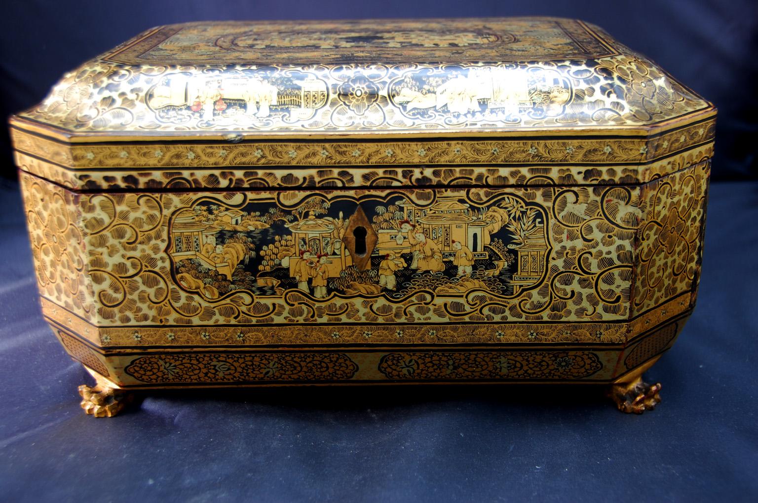 Lacquer Chinese 19th Century Chinoiserie Decorated Teacaddy with Interior Tea Boxes