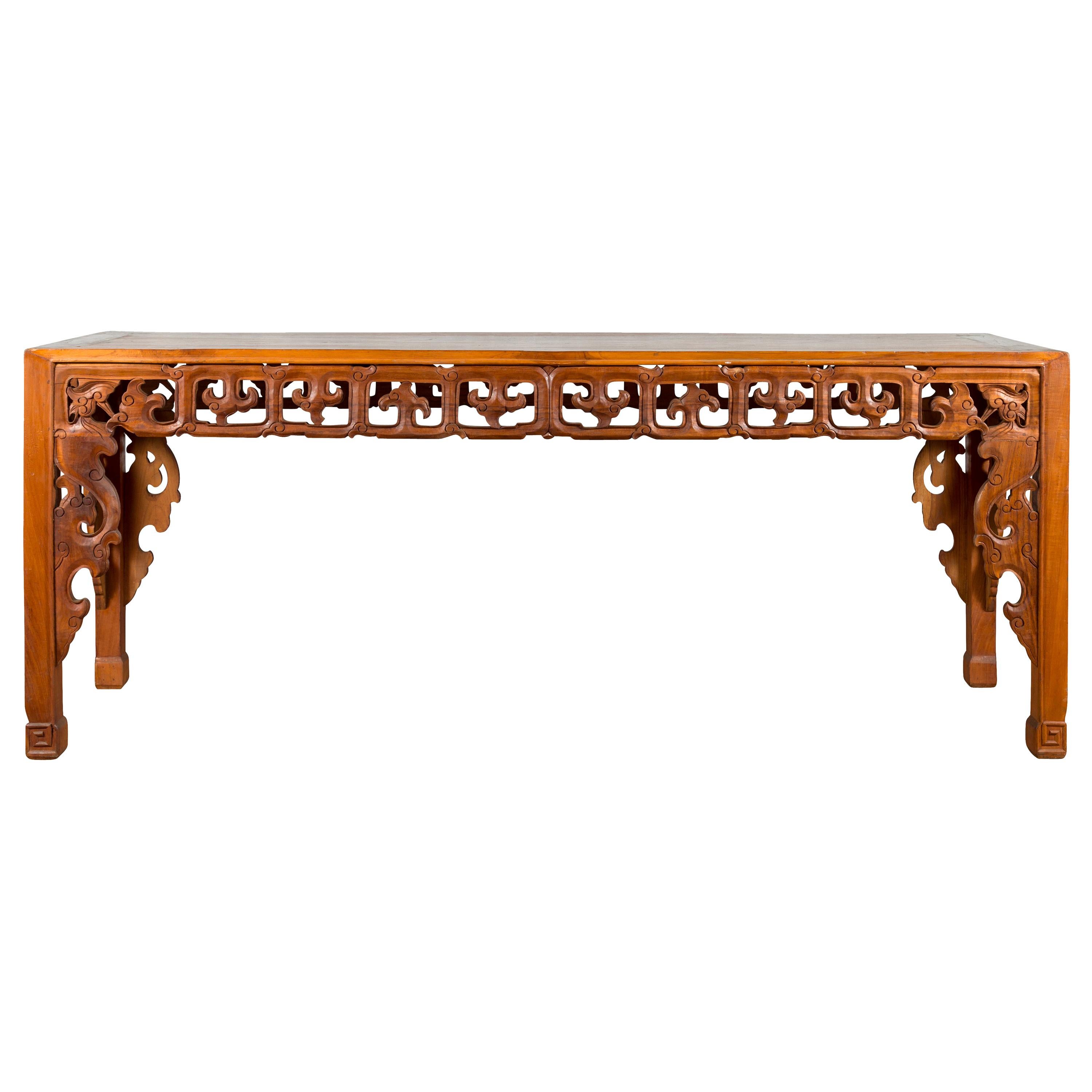 Chinese 19th Century Console Table with Cloud-Carved Apron and Scrolling Feet