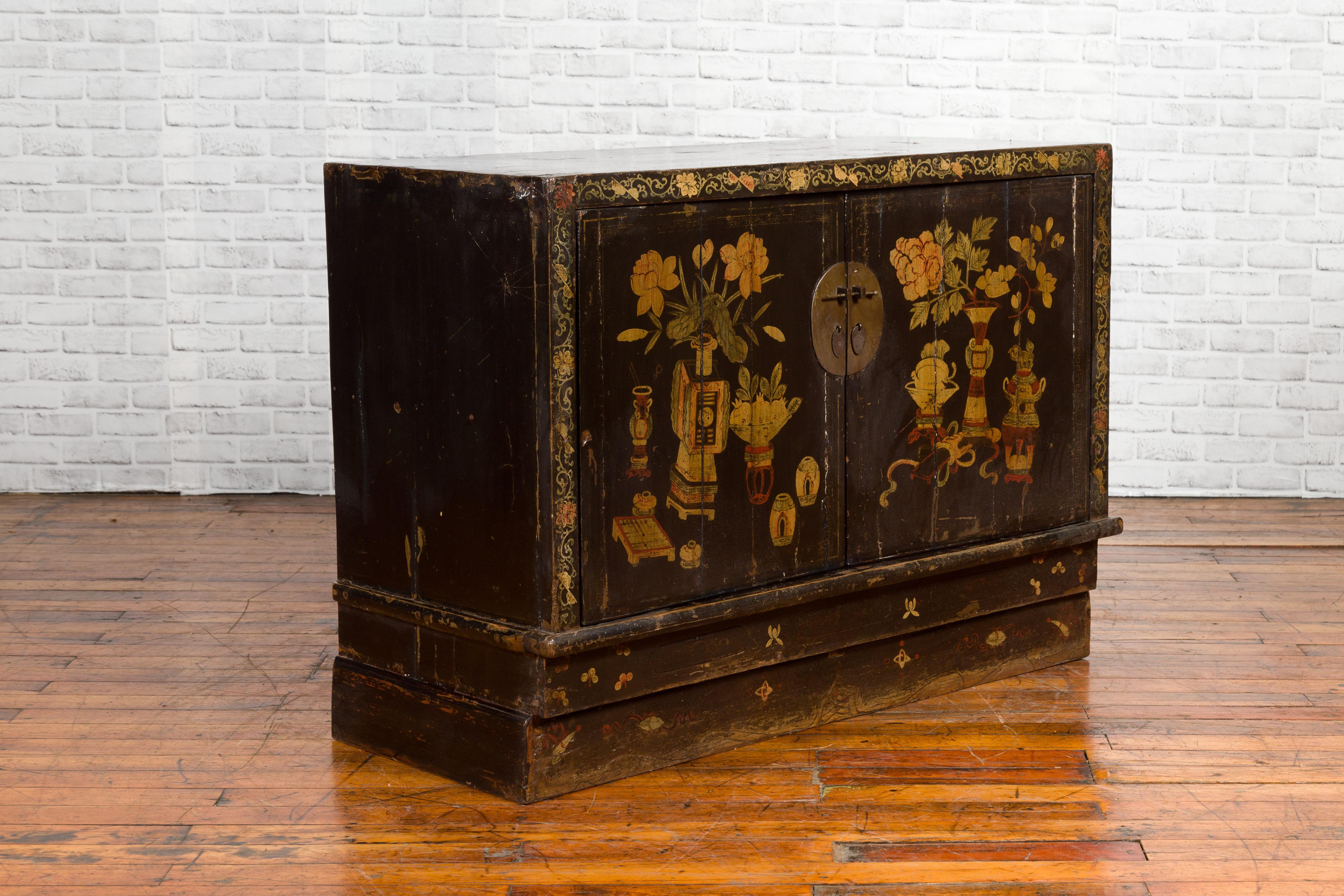 Wood Chinese 19th Century Dark Brown Lacquered Sideboard with Hand Painted Motifs For Sale