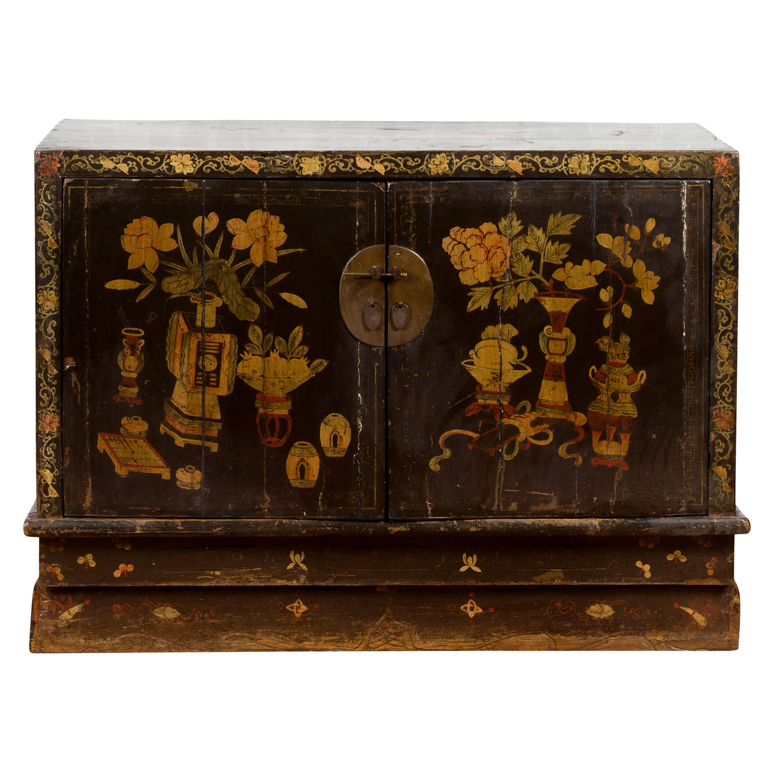 Chinese 19th Century Dark Brown Lacquered Sideboard with Hand Painted Motifs For Sale