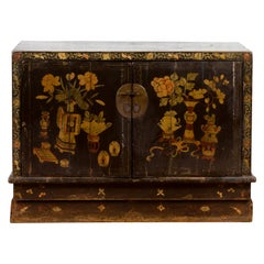 Buffet laqué Brown de la dynastie Qing du 19e siècle avec motifs peints à la main