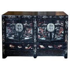 Antique Chinese 19th Century Dark Brown Lacquered Sideboard with Hand Painted Motifs