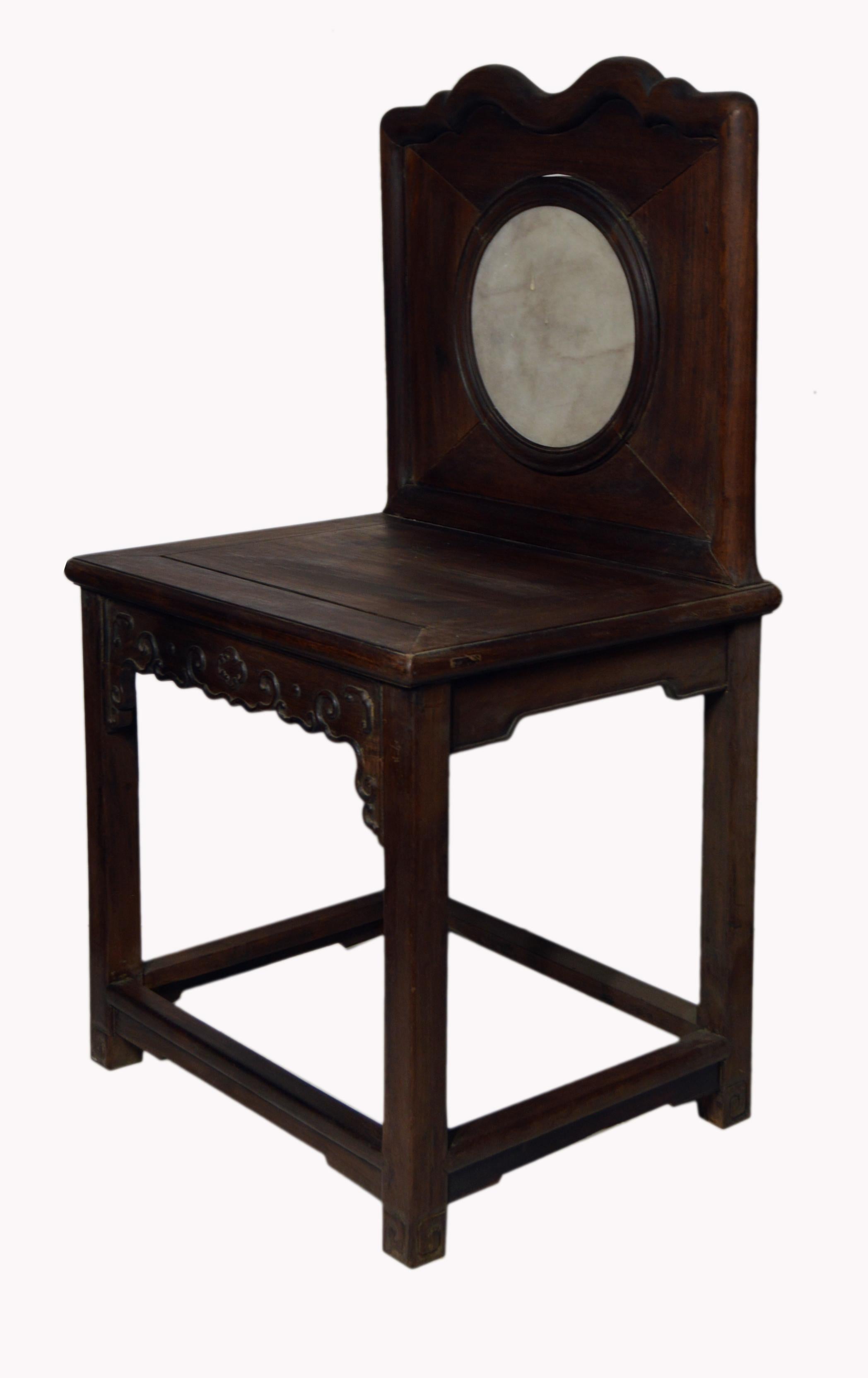 Elm Chinese 19th Century Dark Lacquered Yumu Wood Accent Chair with Marble Medallion