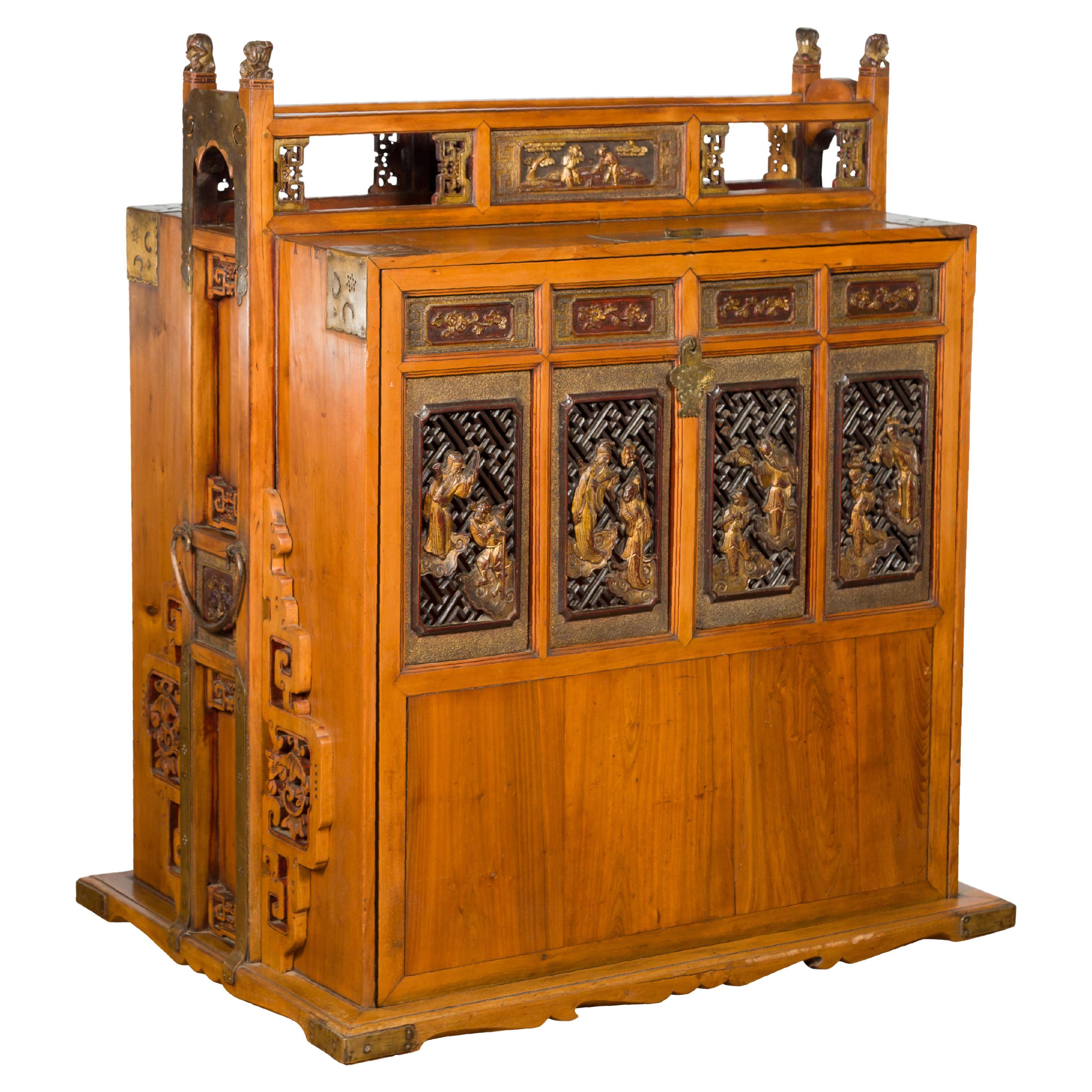 Chinese 19th Century Dowry Chest with Fretwork and Carved Gilt Characters For Sale