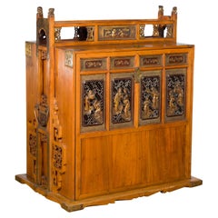 Chinese 19th Century Dowry Chest with Fretwork and Carved Gilt Characters