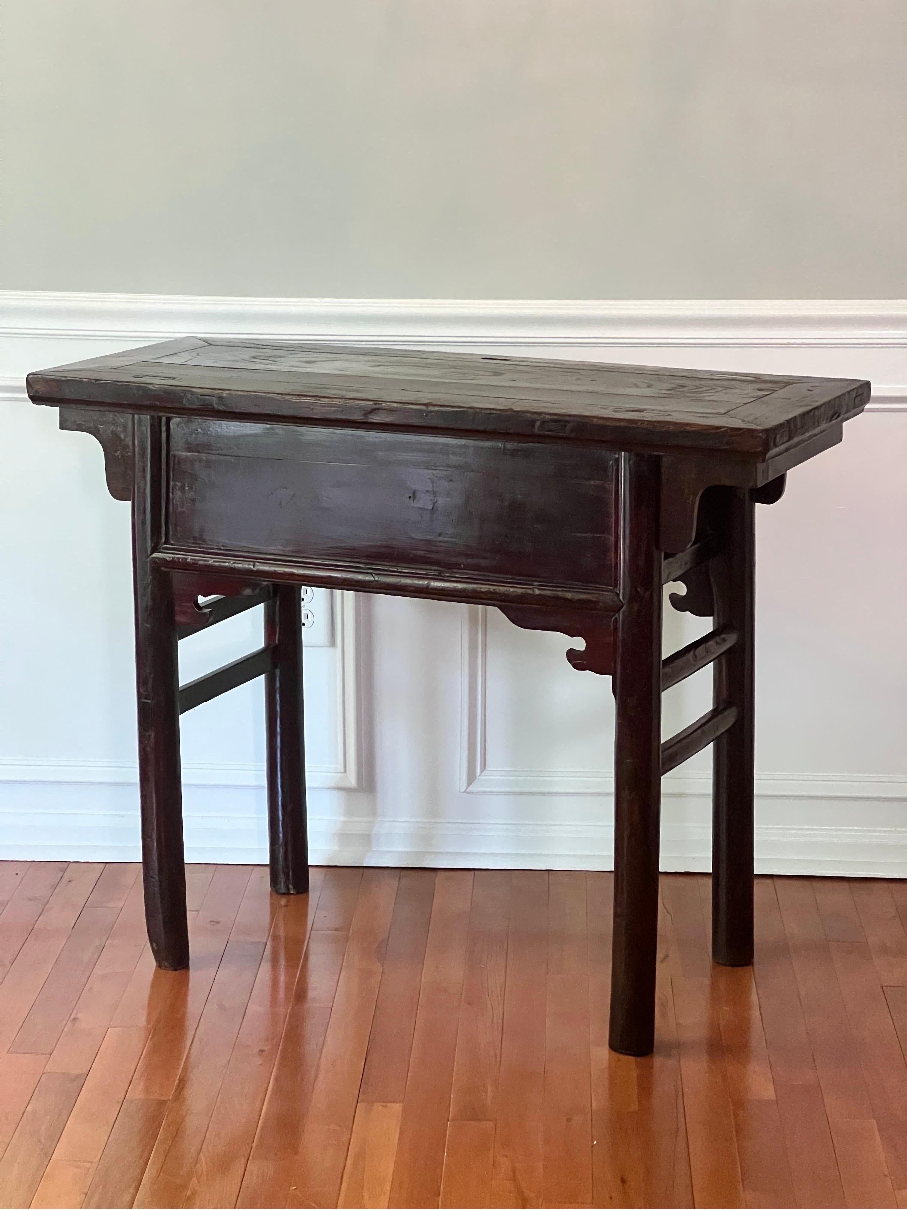 Rustic Chinese 19th Century Elm Lacquer Alter Console Table For Sale