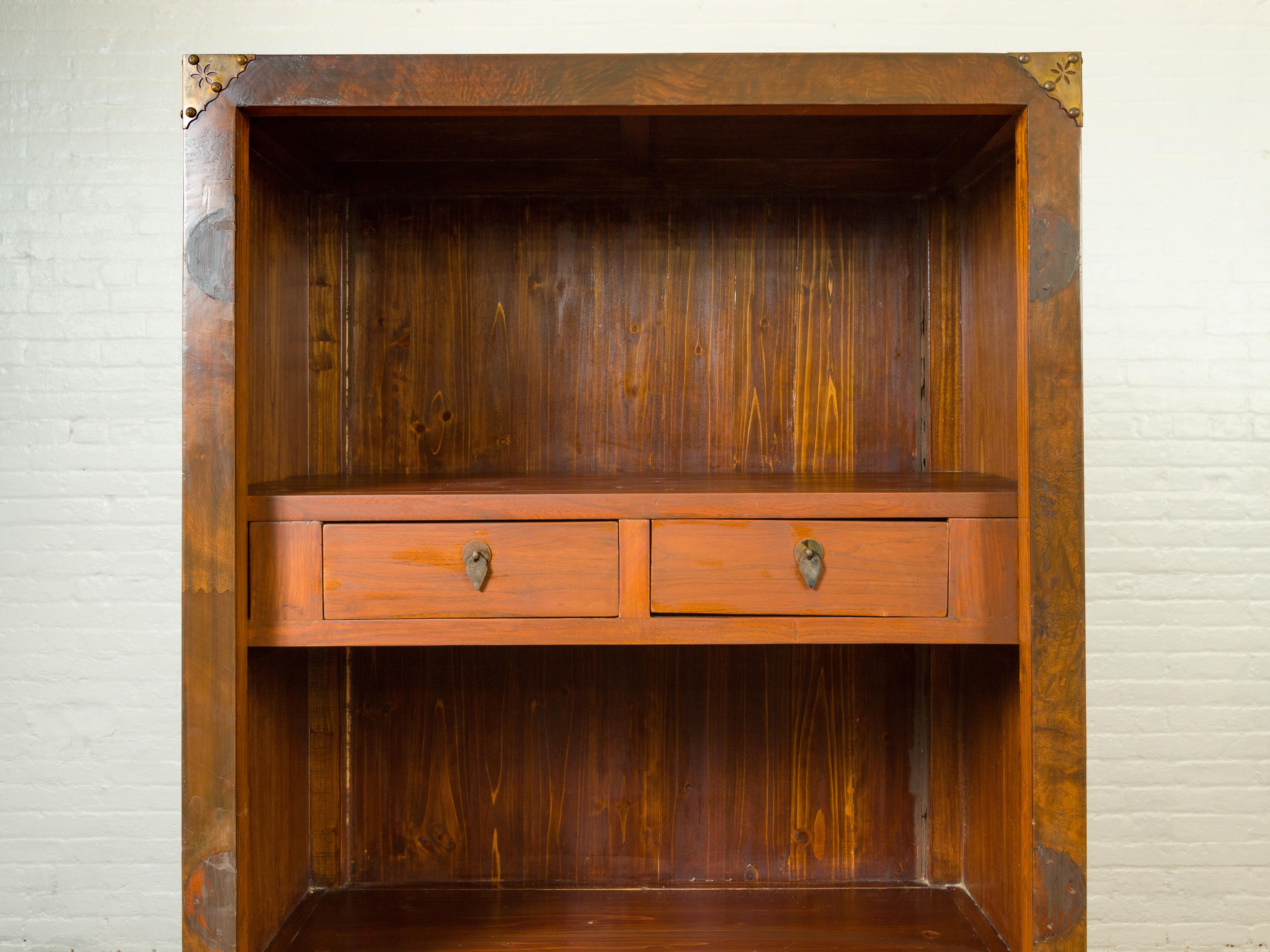 Chinese 19th Century Elmwood Bookcase with Doors, Drawers and Brass Hardware In Good Condition For Sale In Yonkers, NY