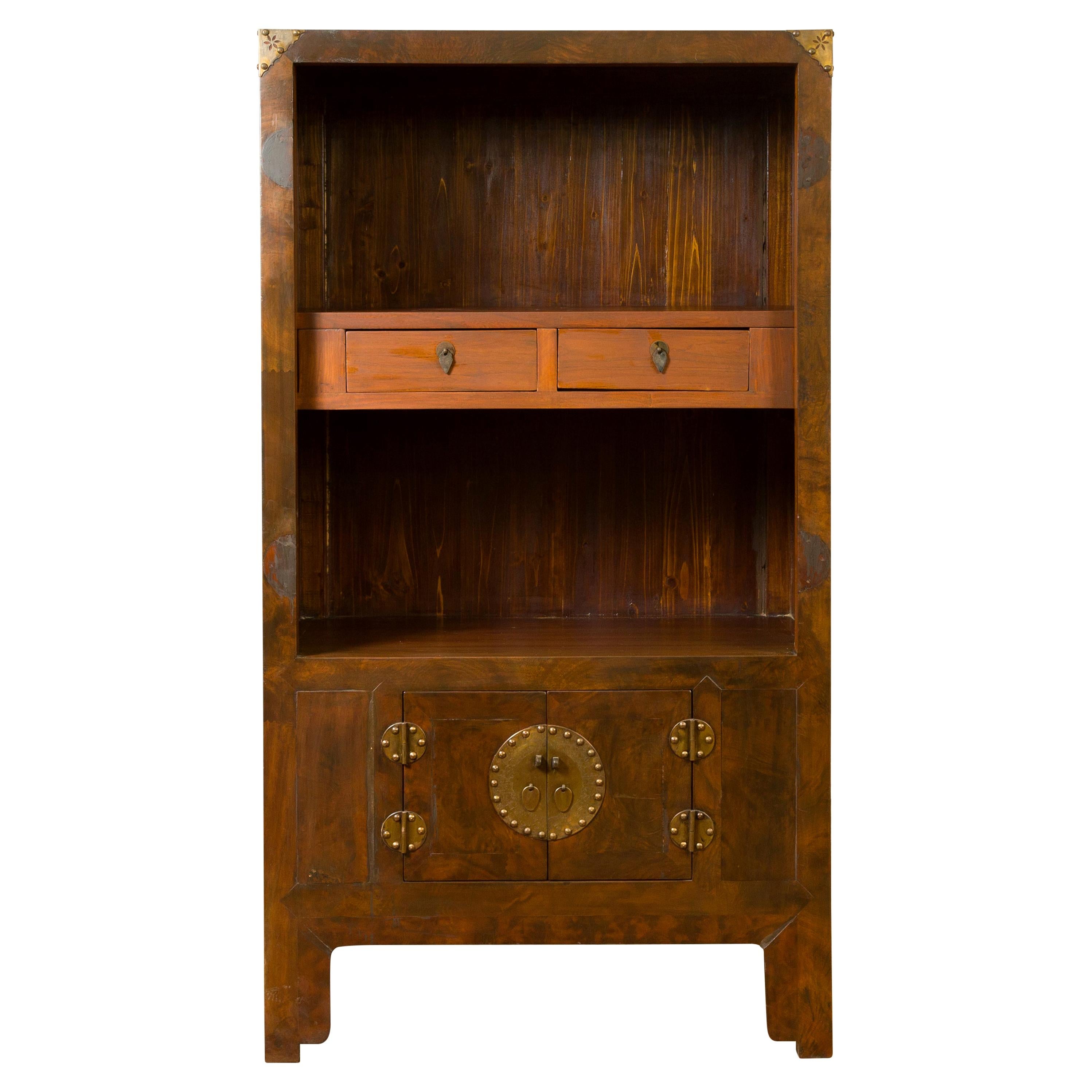 Chinese 19th Century Elmwood Bookcase with Doors, Drawers and Brass Hardware