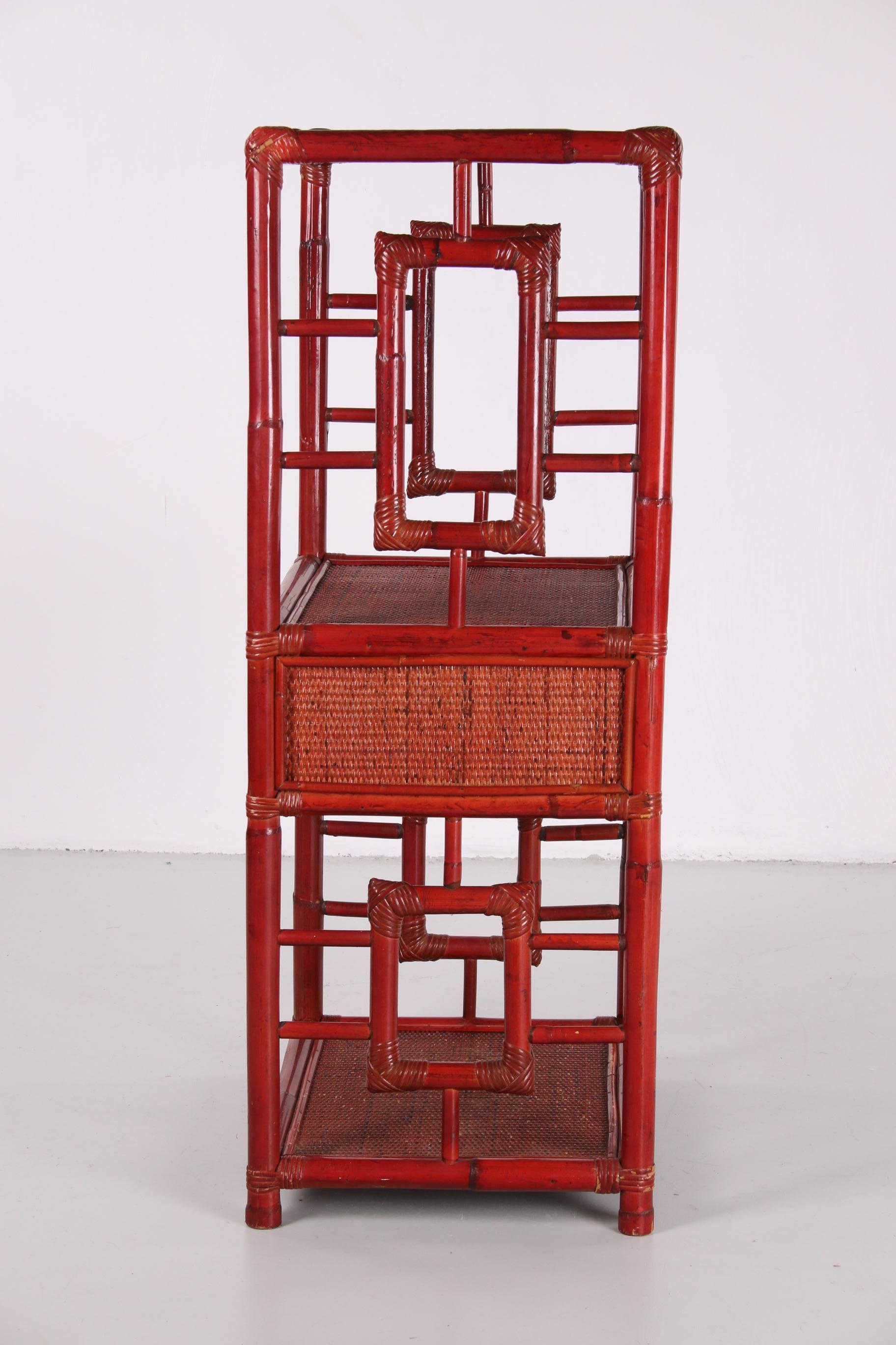 Rattan Chinese 19th Century Etagere or Room Divider Made of Bamboo, Old Red