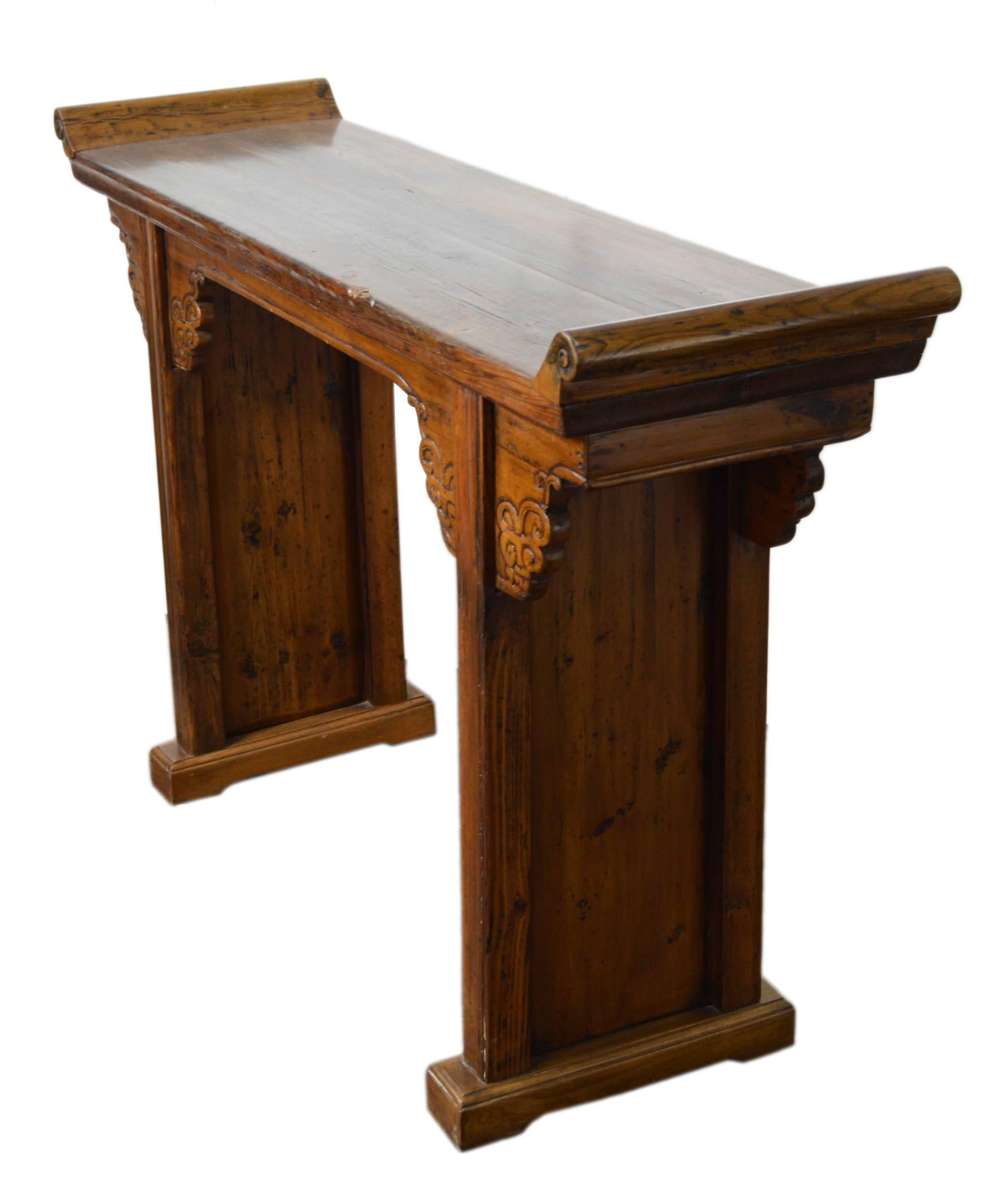 Wood Chinese 19th Century Everted-Flange Altar Console Table with Hand-Carved Apron