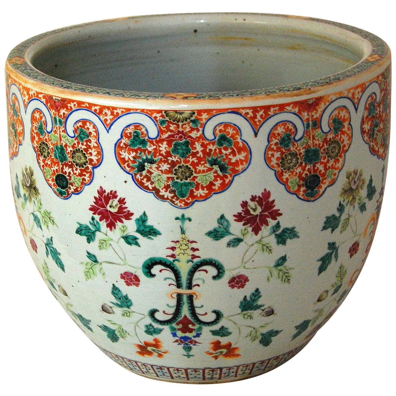 Chinese 19th Century Famille Verte Jardinière or Fishbowl with Floral Motifs