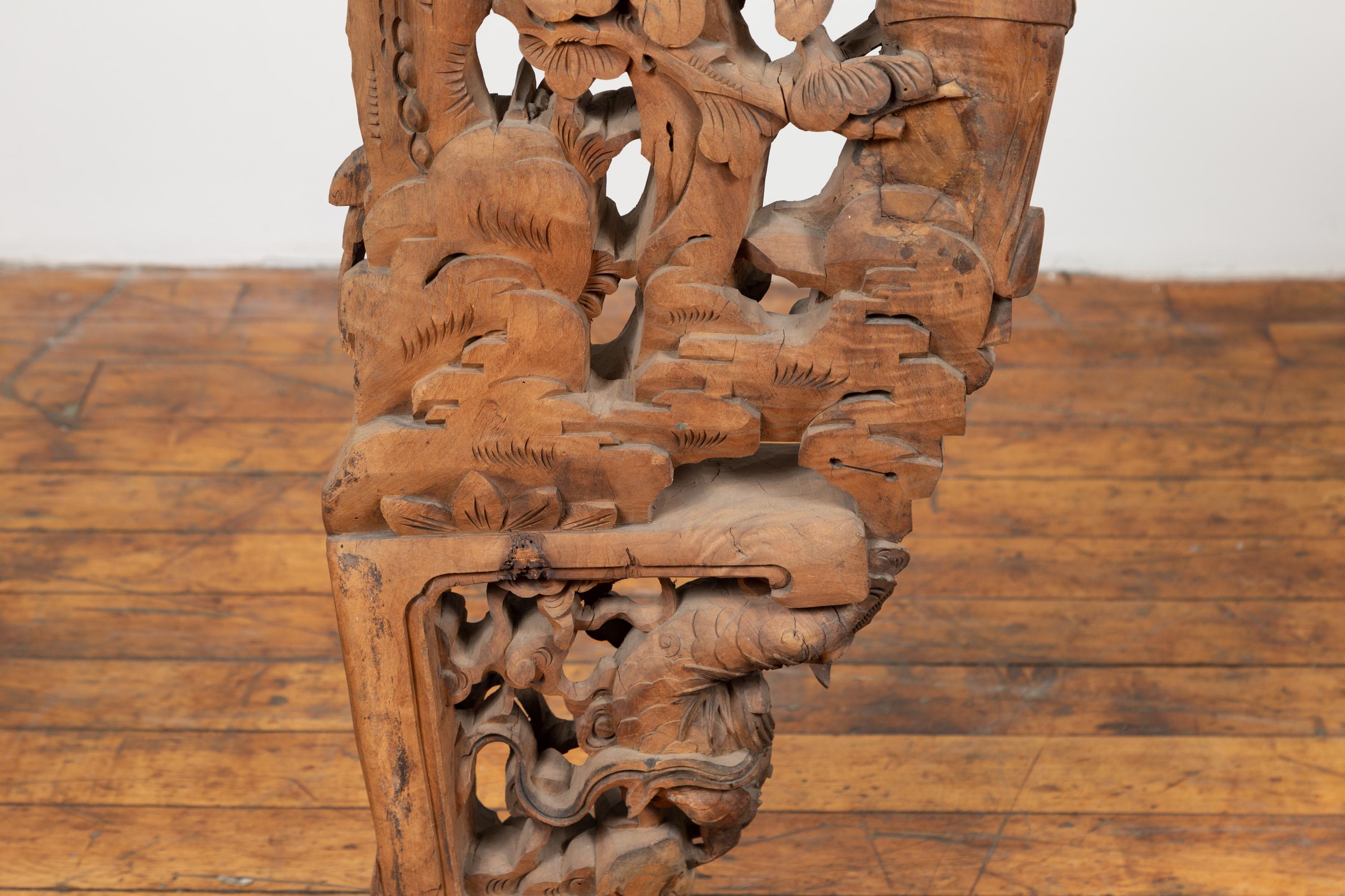 Chinese Shanxi 1840s Hand Carved Wooden Corbel with Deities Mounted on Base For Sale 4