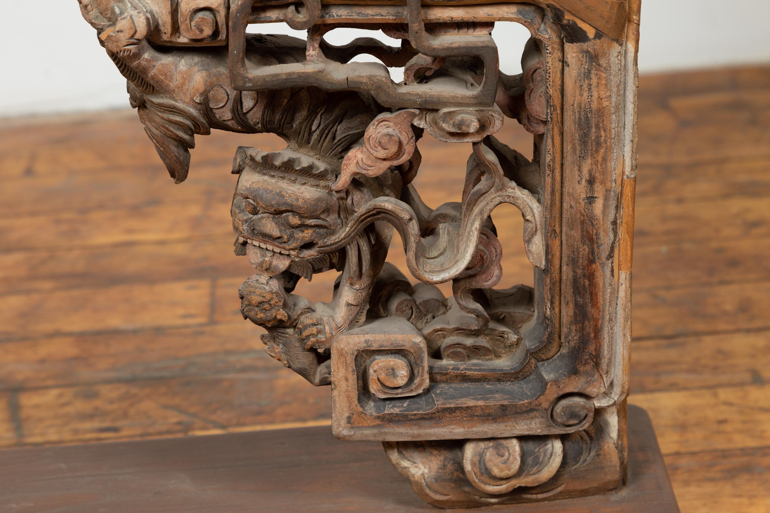 Hand-Carved Chinese Shanxi 1840s Hand Carved Wooden Corbel with Deities Mounted on Base For Sale