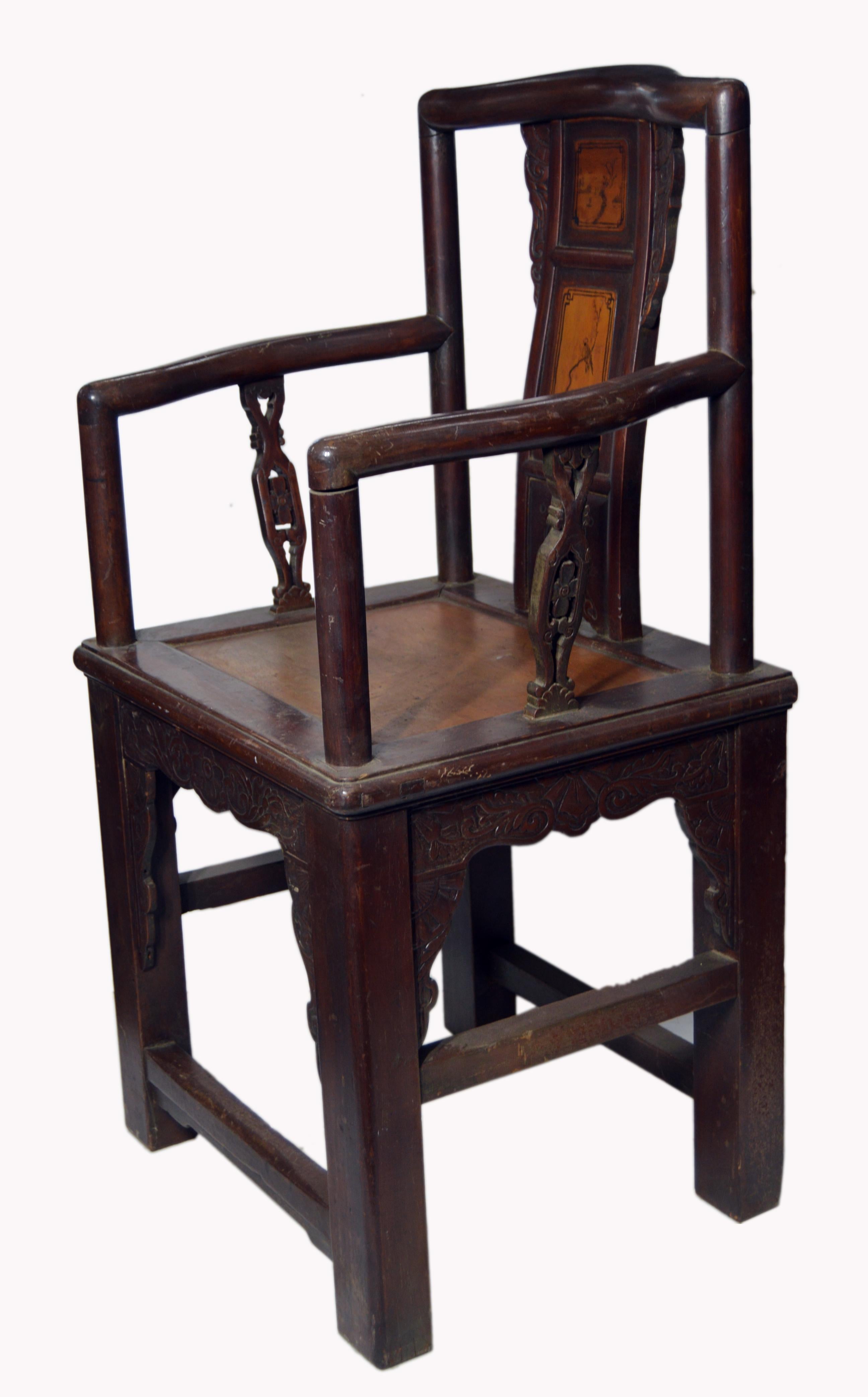 Chinese 19th Century Hand-Carved Yumu Wood Yoke Back Chair with Painted Scenes 2