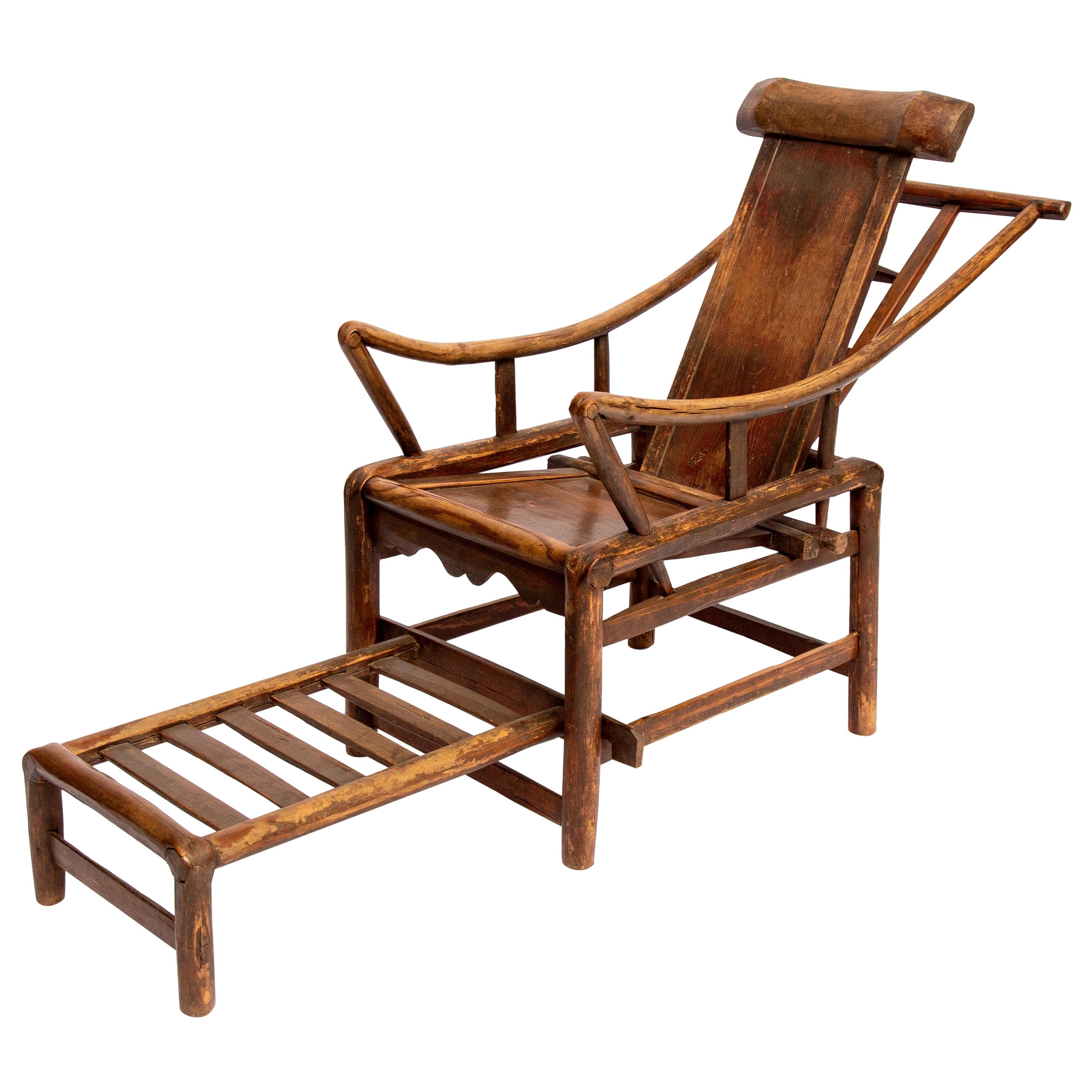 19th Century Chinese Moon Gazer Lounge Chair in Solid Wood For Sale at