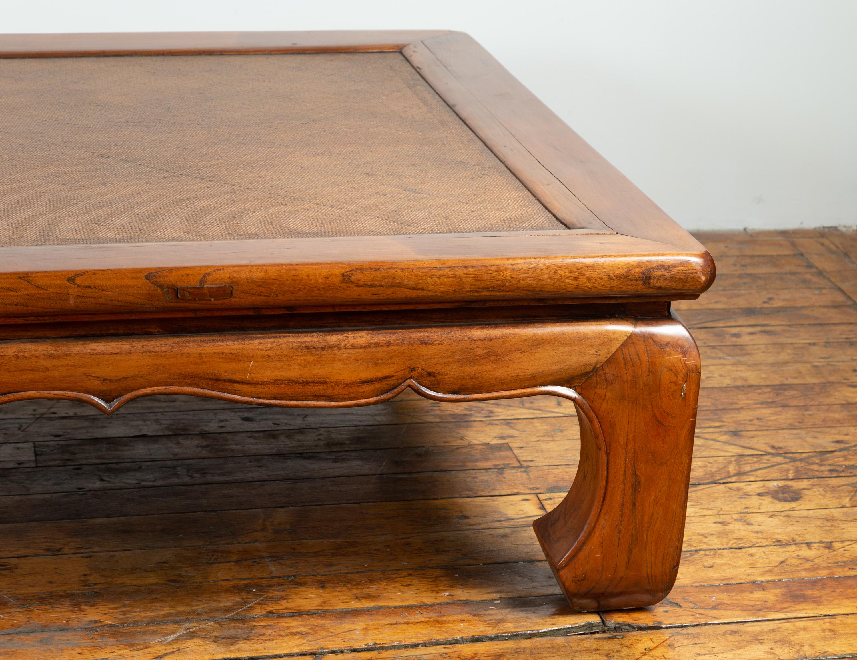 Chinese 19th Century Ming Dynasty Style Elm Coffee Table with Rattan Inset In Good Condition In Yonkers, NY