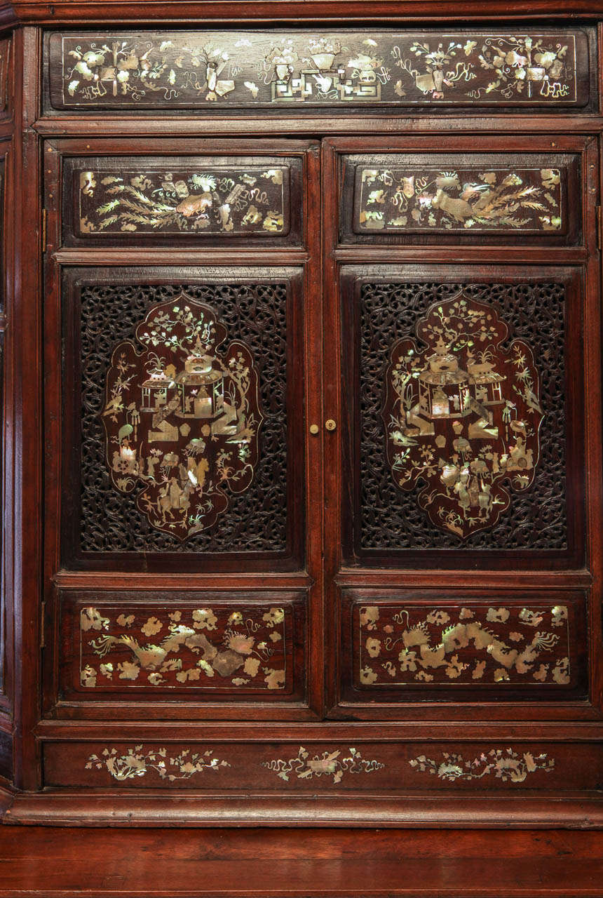 Chinese 19th Century Mother of Pearl Inlay Hardwood Carved Cabinet 2