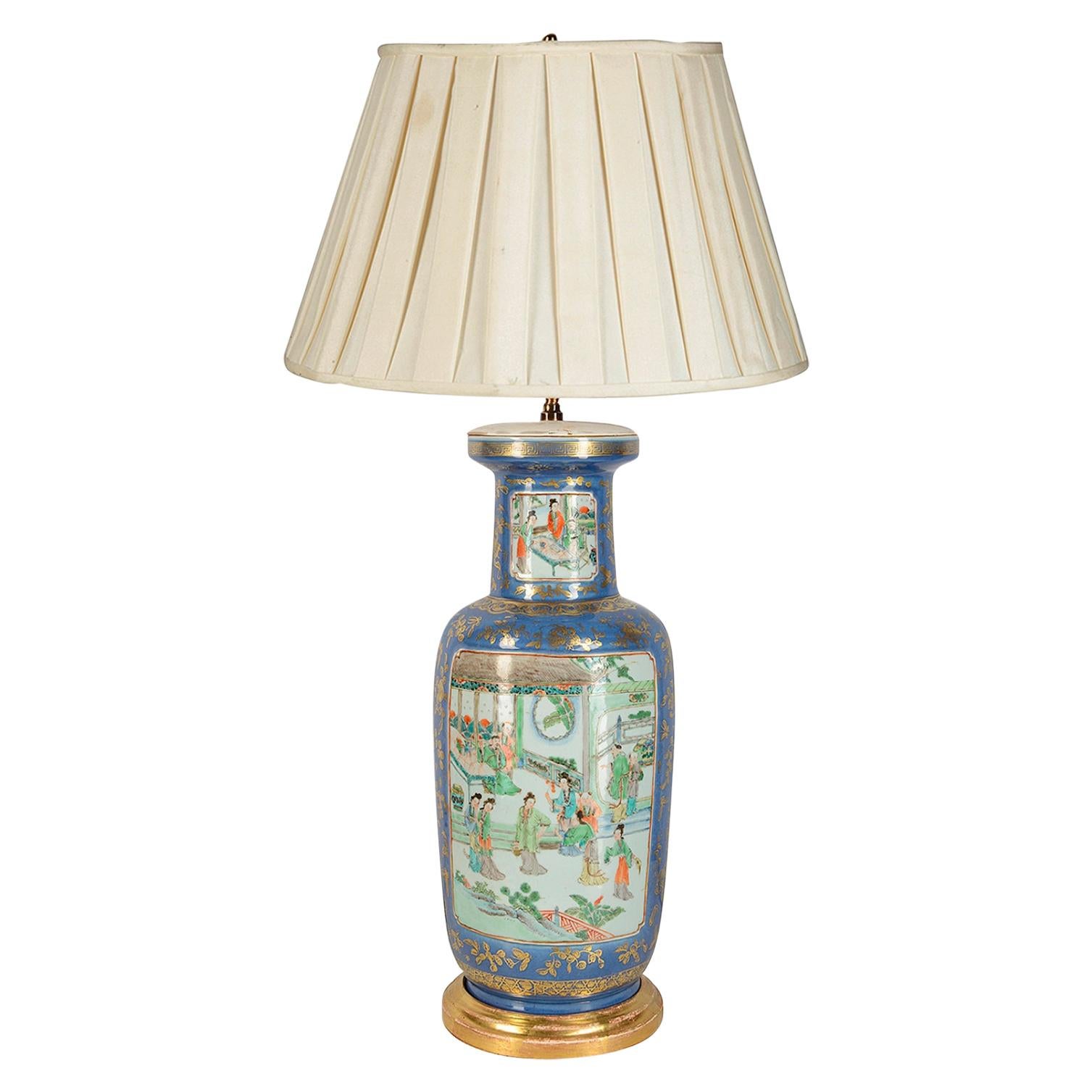 Vase/Lampe chinoise du 19ème siècle en bleu poudre