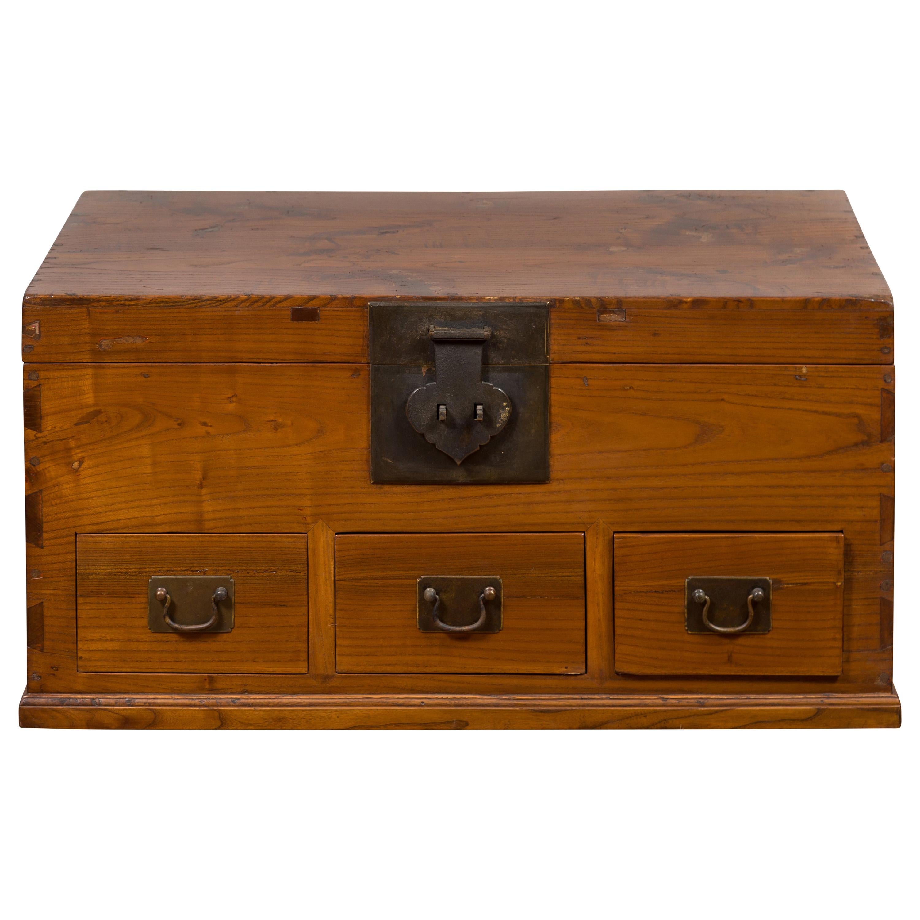 Chinese 19th Century Qing Blanket chest with Three Drawers and Brass Hardware