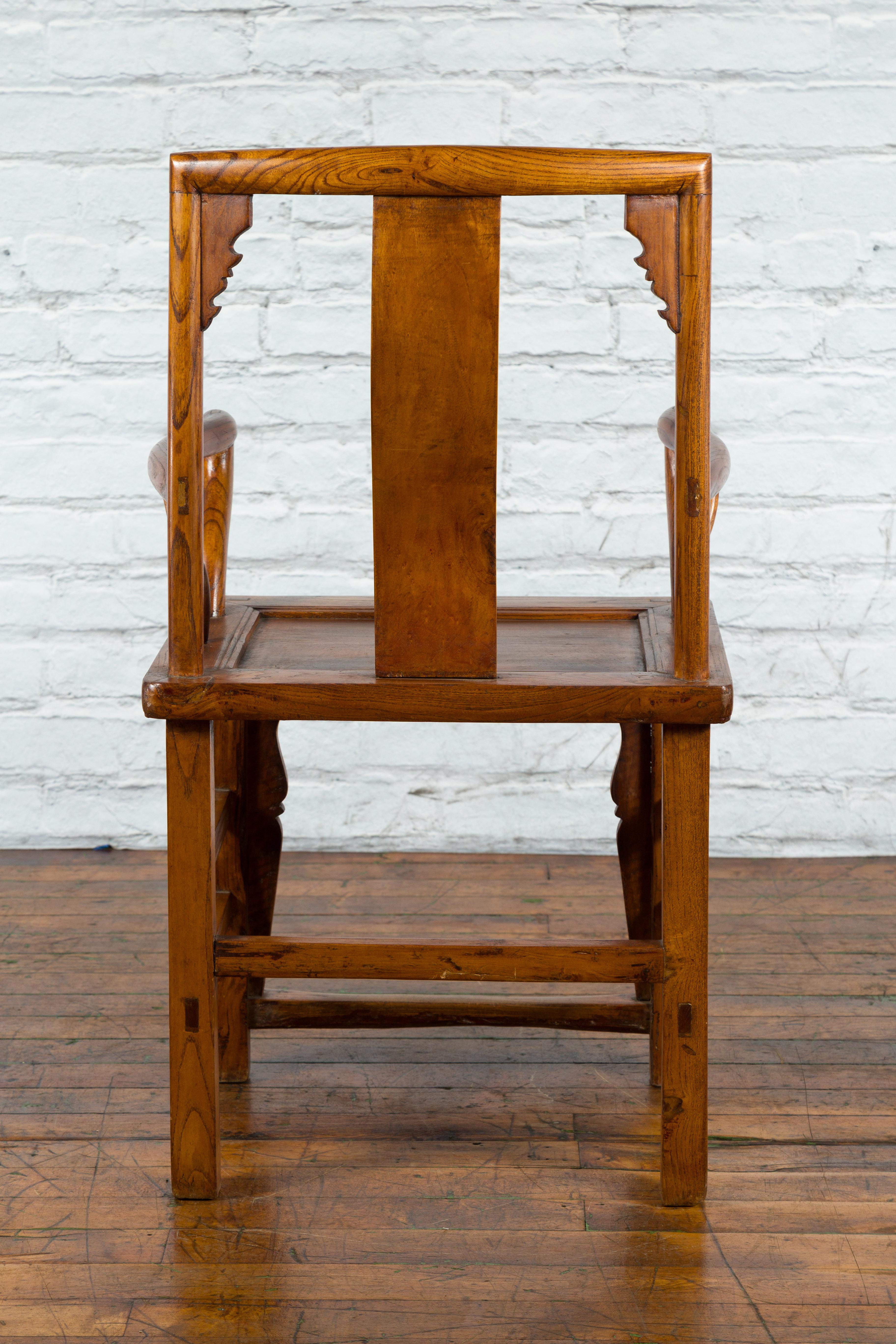Chinese 19th Century Qing Chair with Open Arms and Hand-Carved Floral Motifs For Sale 1